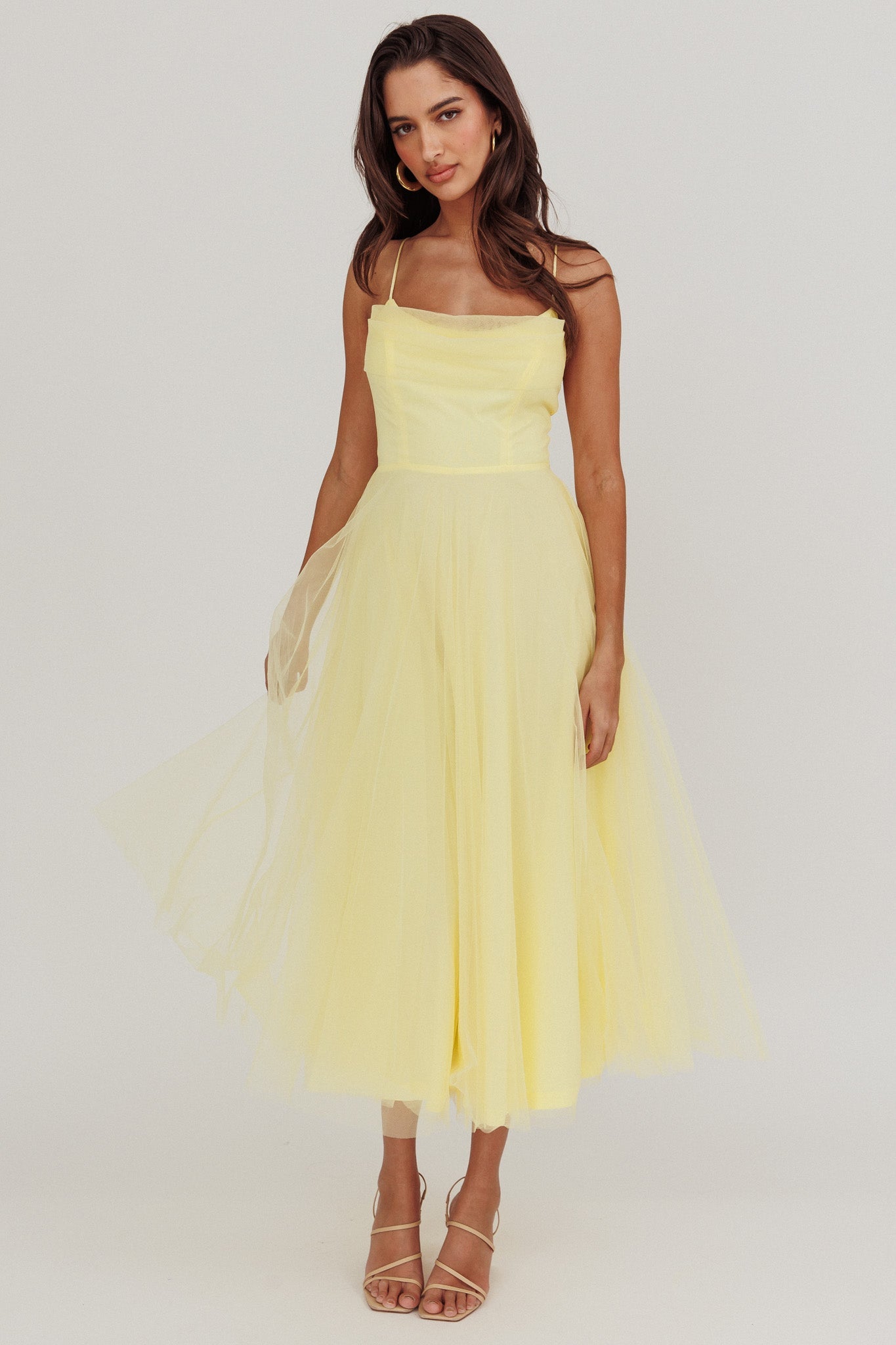 Floating By Pleated Neckline Mesh Midi Dress Yellow