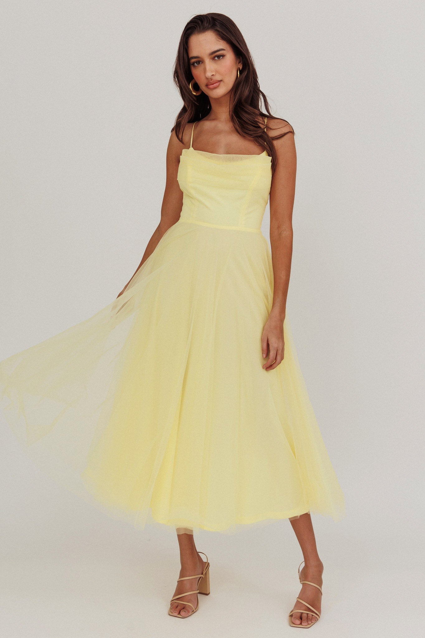 Floating By Pleated Neckline Mesh Midi Dress Yellow
