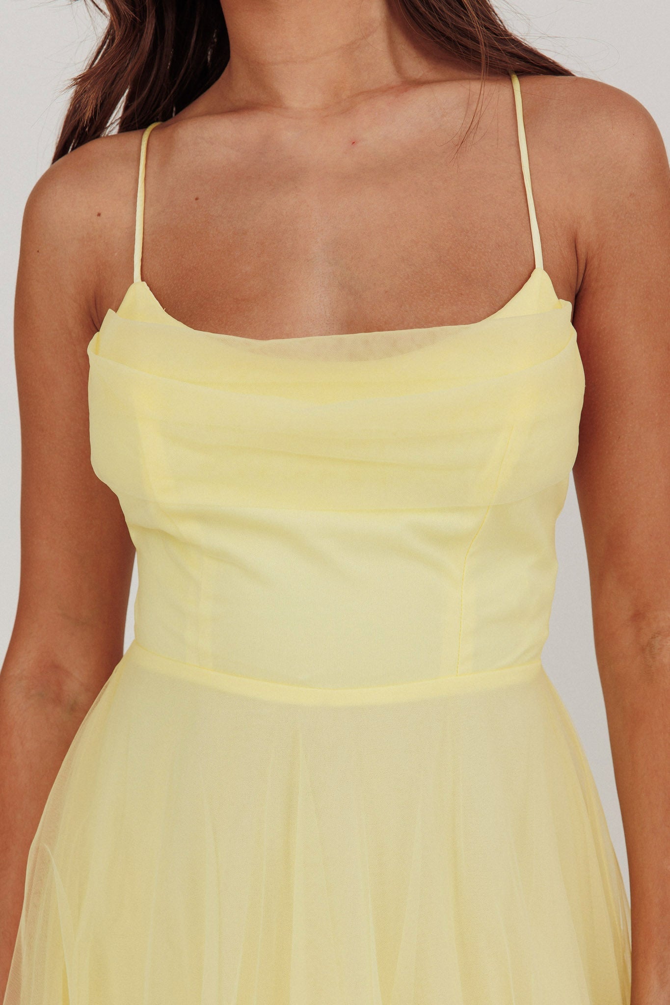 Floating By Pleated Neckline Mesh Midi Dress Yellow