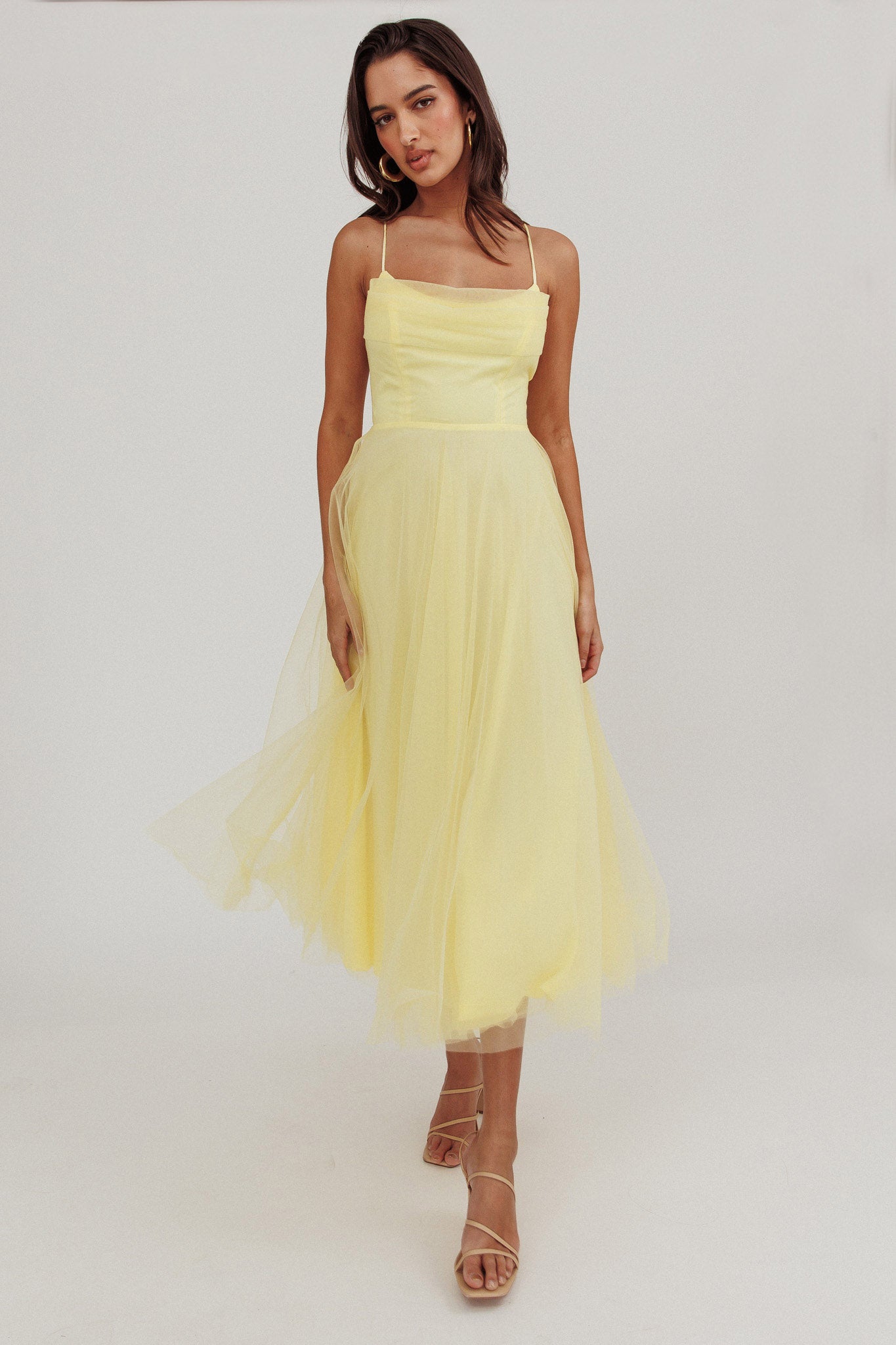 Floating By Pleated Neckline Mesh Midi Dress Yellow