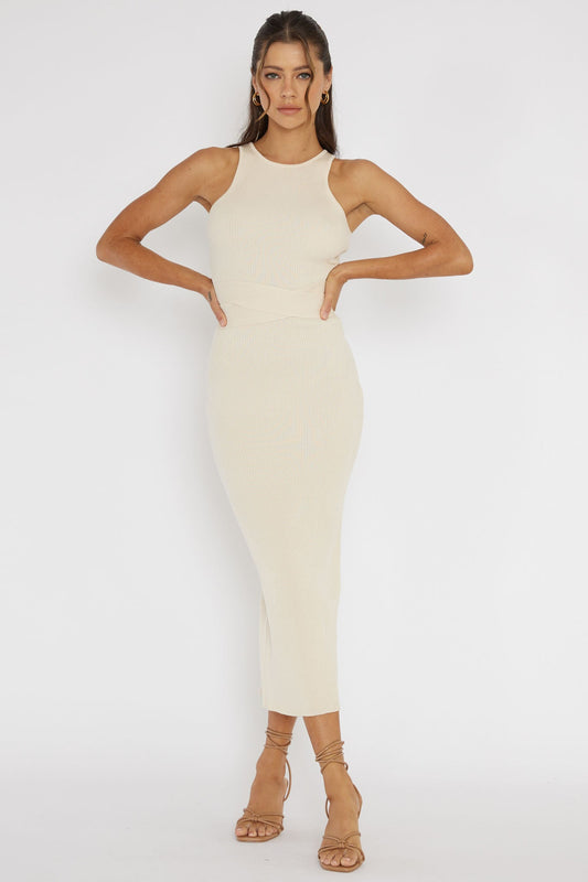 Charmed Me Ribbed Knit Midi Dress Cream