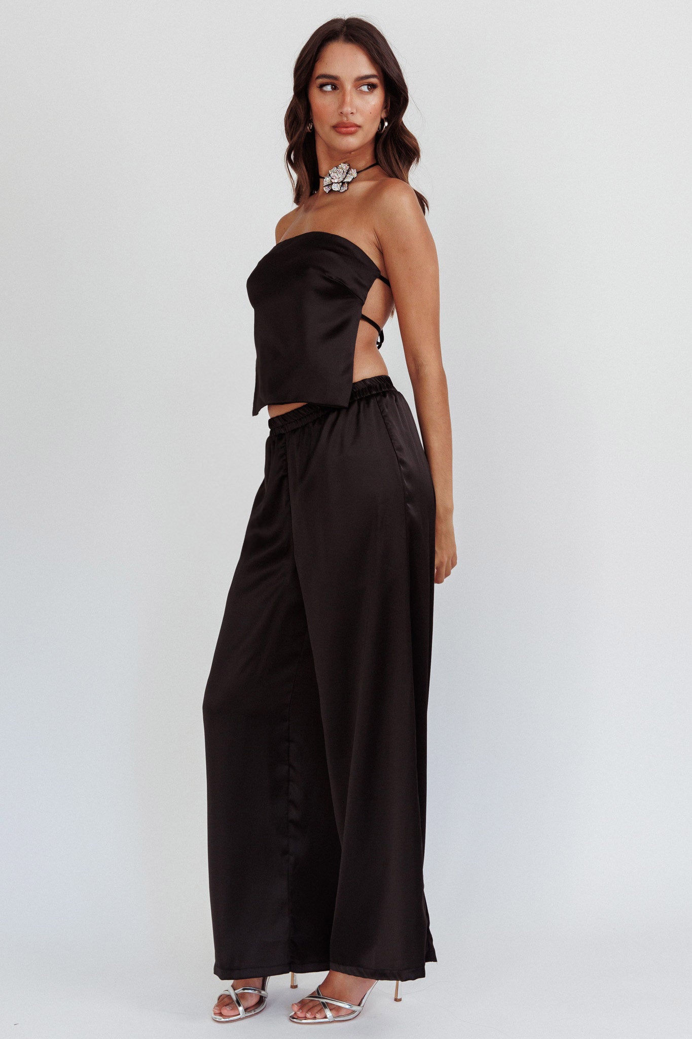 Panama Beach Wide Leg Satin Pants Black