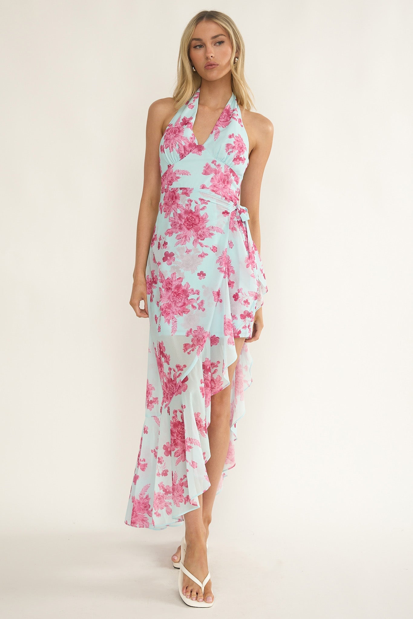 Nerida Waist Tie Asymmetric Dress Floral Ice Blue
