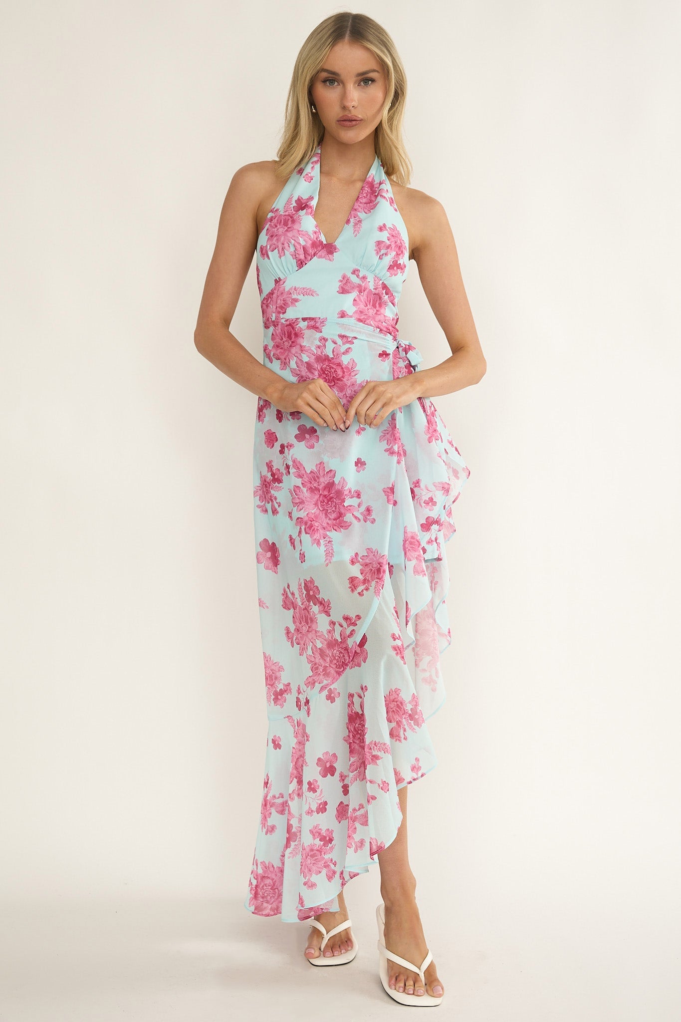 Nerida Waist Tie Asymmetric Dress Floral Ice Blue