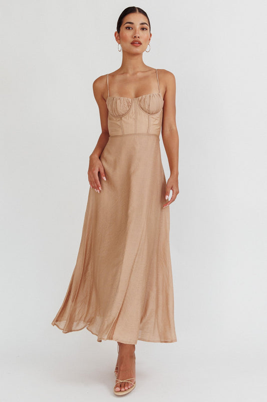 Echoes Tied Back A-Line Midi Dress Taupe