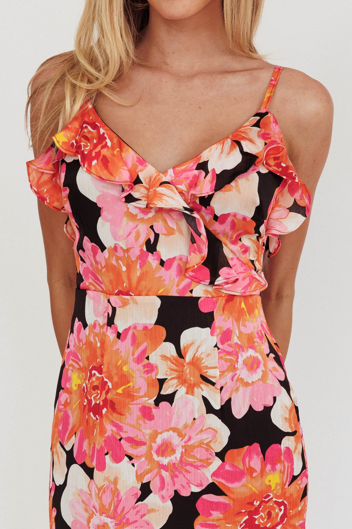 Silvana Frill Trim Maxi Dress Black/Pink