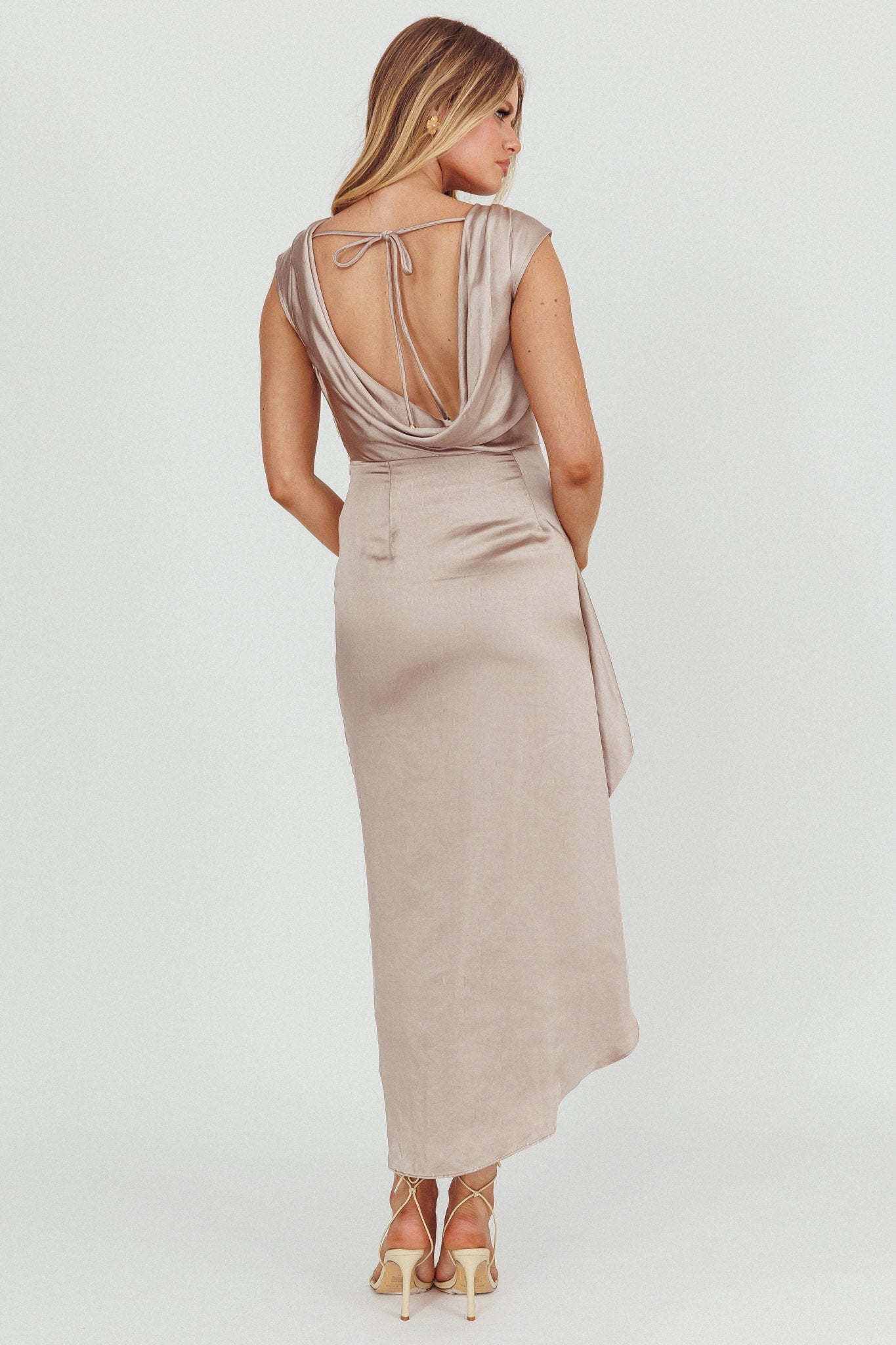 Grecian Cap Sleeve Cowl Back Dress Mocha