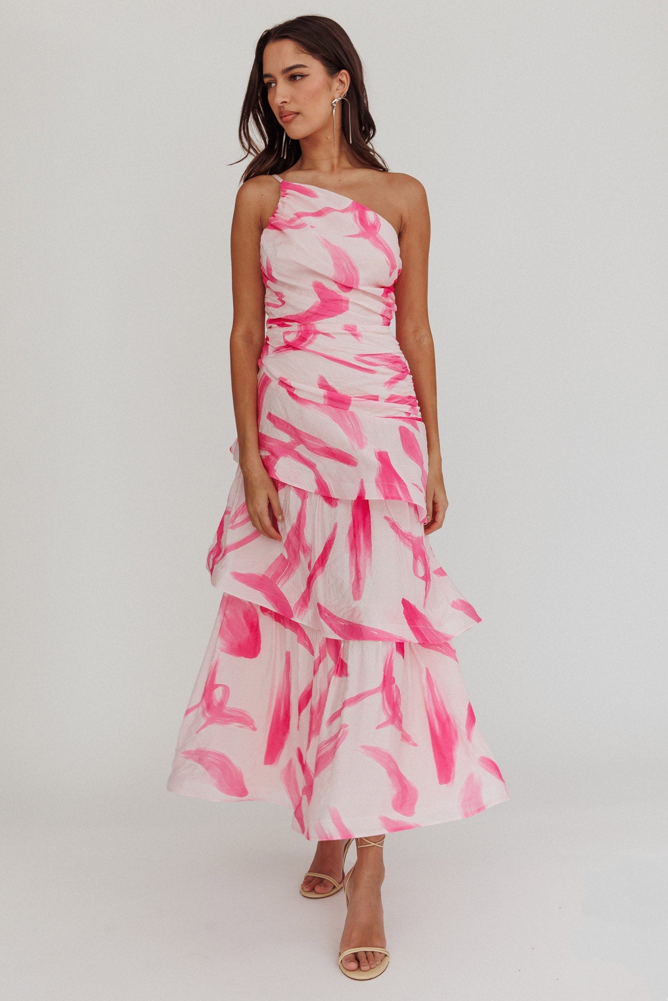 Kenny One Shoulder Tiered Maxi Dress Print Pink