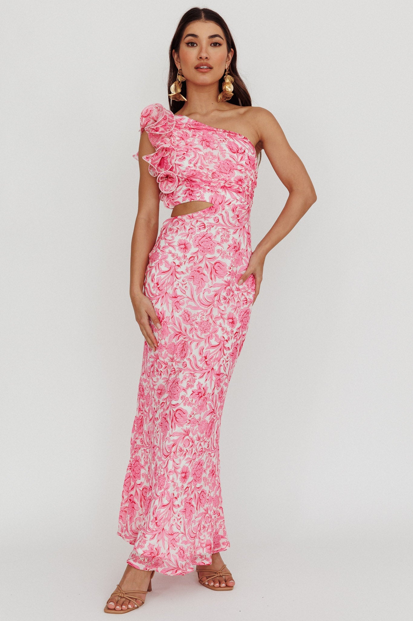 Deanna One-Shoulder Ruffle Midi Dress Floral Pink