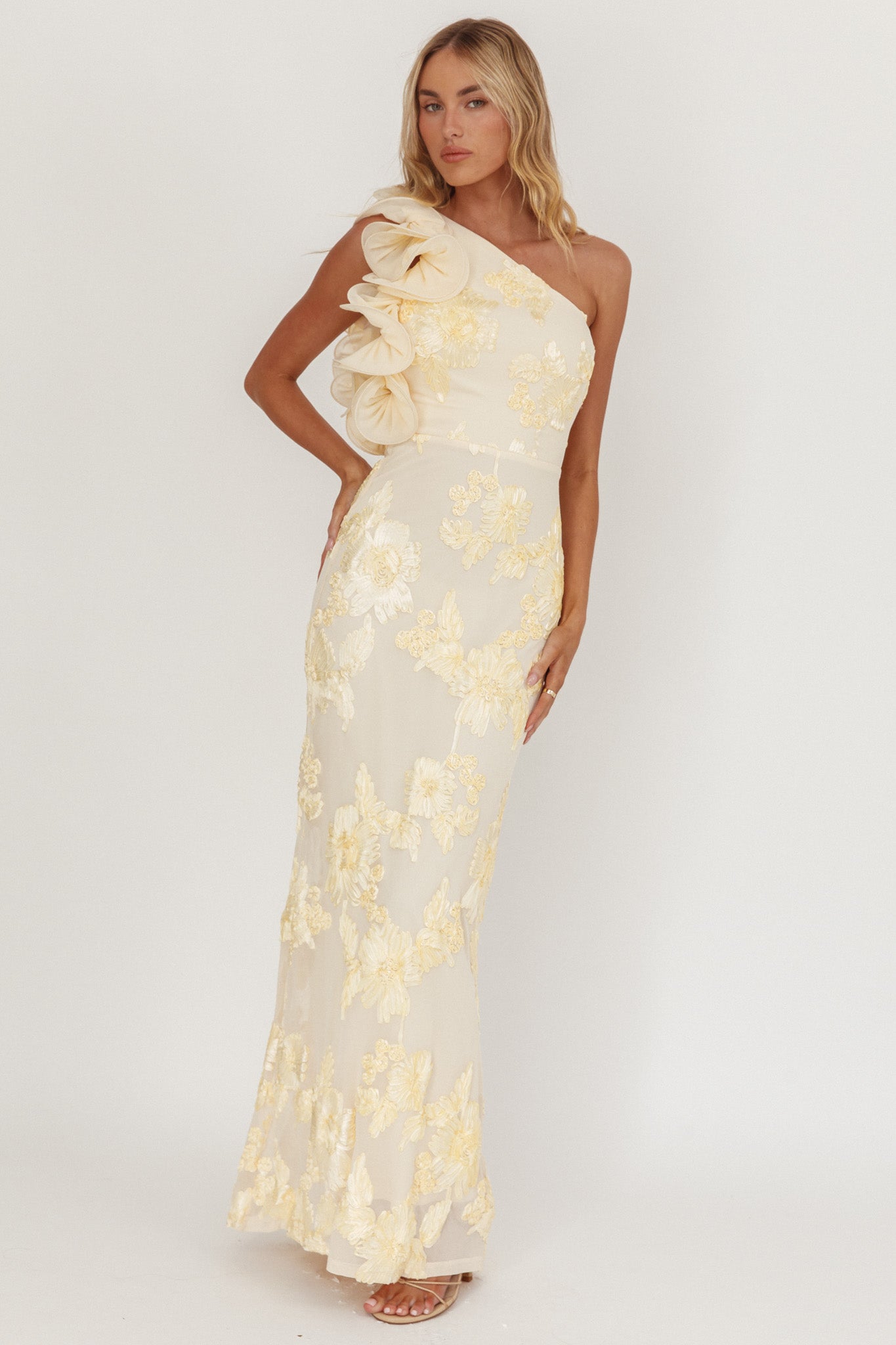 Deanna One-Shoulder Ruffle Maxi Dress Floral Texture Yellow