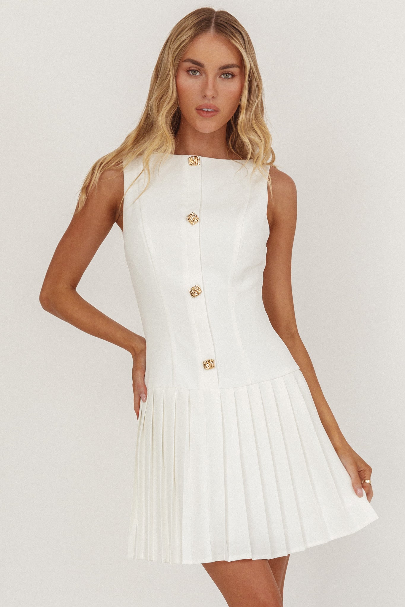 Opulent Pleat Skirt Button Mini Dress White