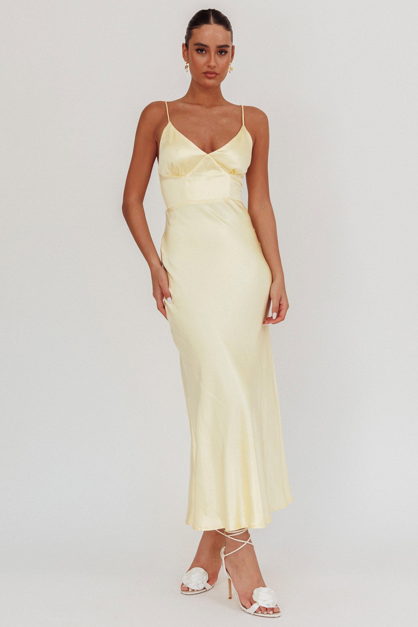 Hold Me Satin Backless Maxi Dress Lemon