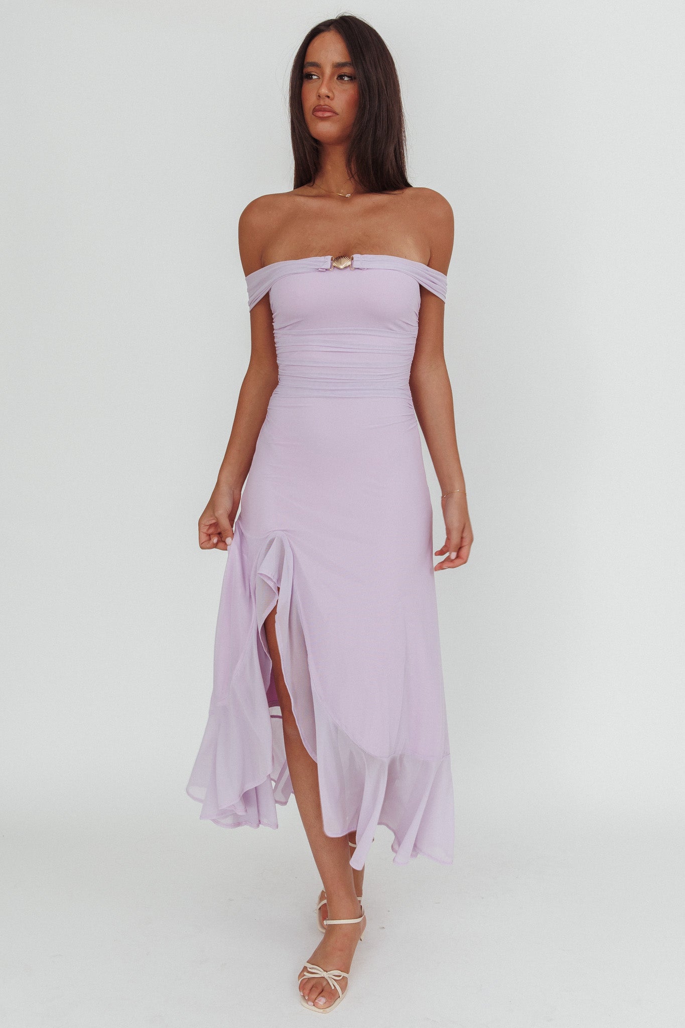 Moonlit Magic Off-Shoulder Split Maxi Dress Lilac
