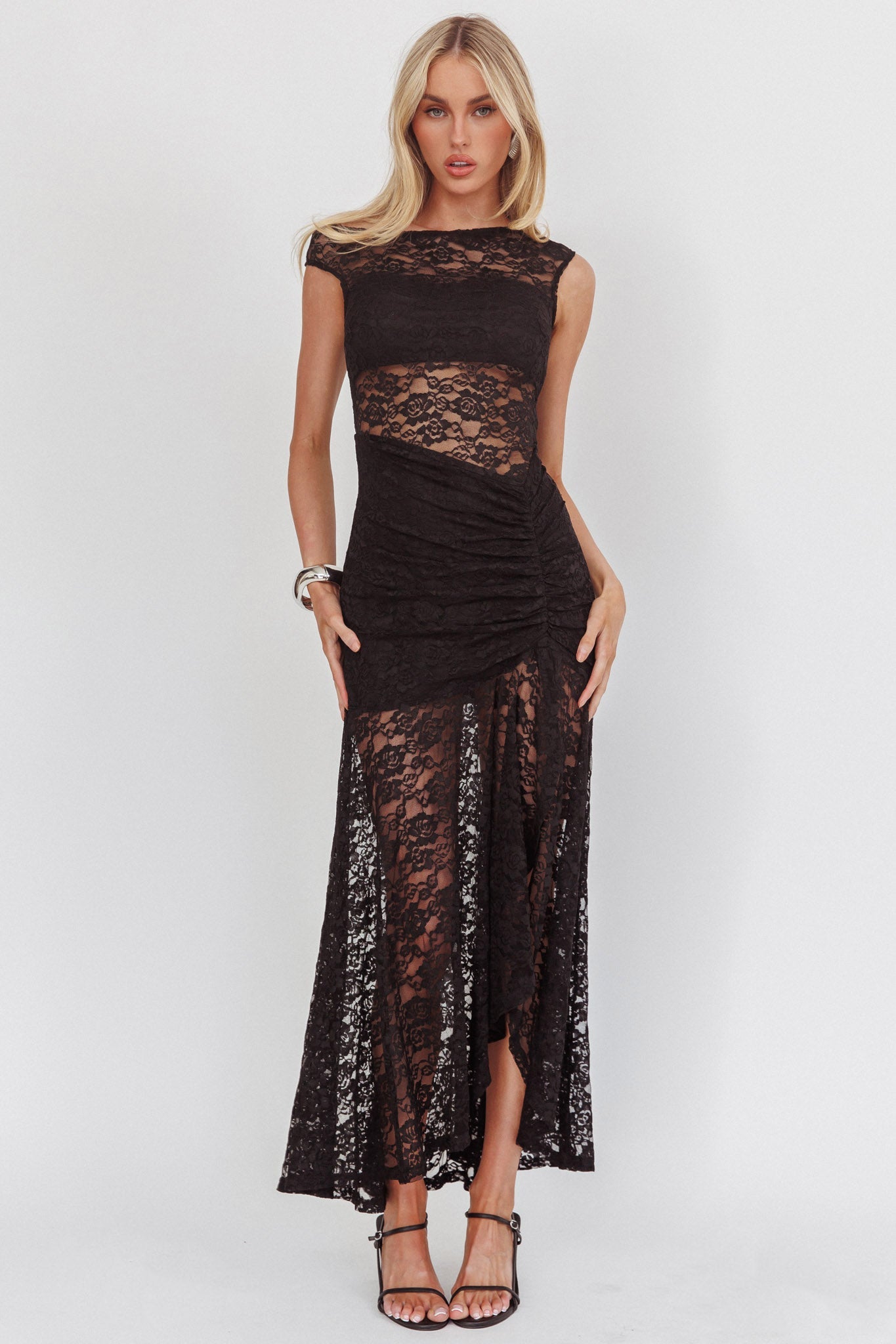 Moonlit Magic Asymmetric Neckline Lace Maxi Dress Black