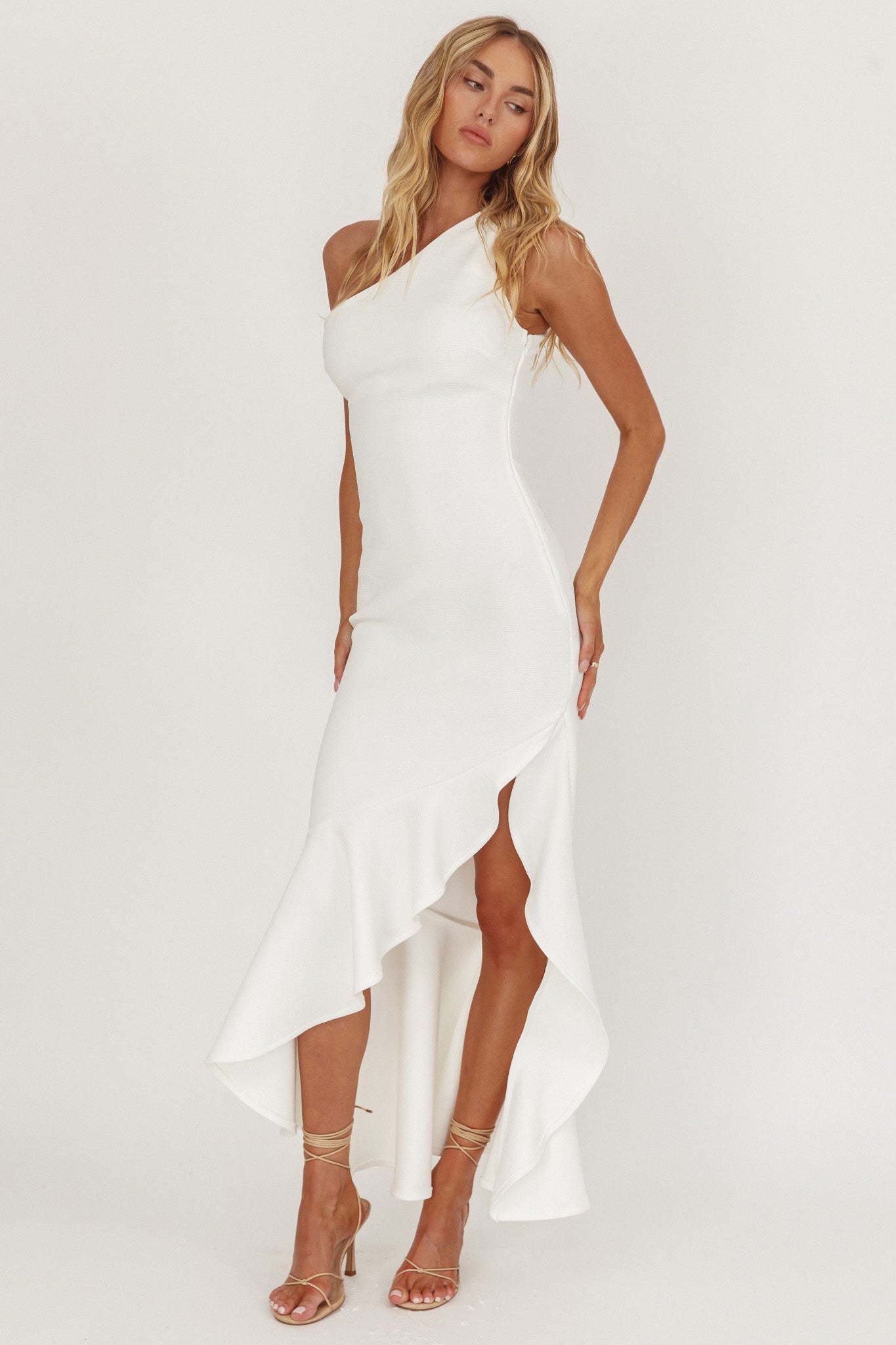 Lights On One-Shoulder Split Ruffle Hem Maxi Dress White