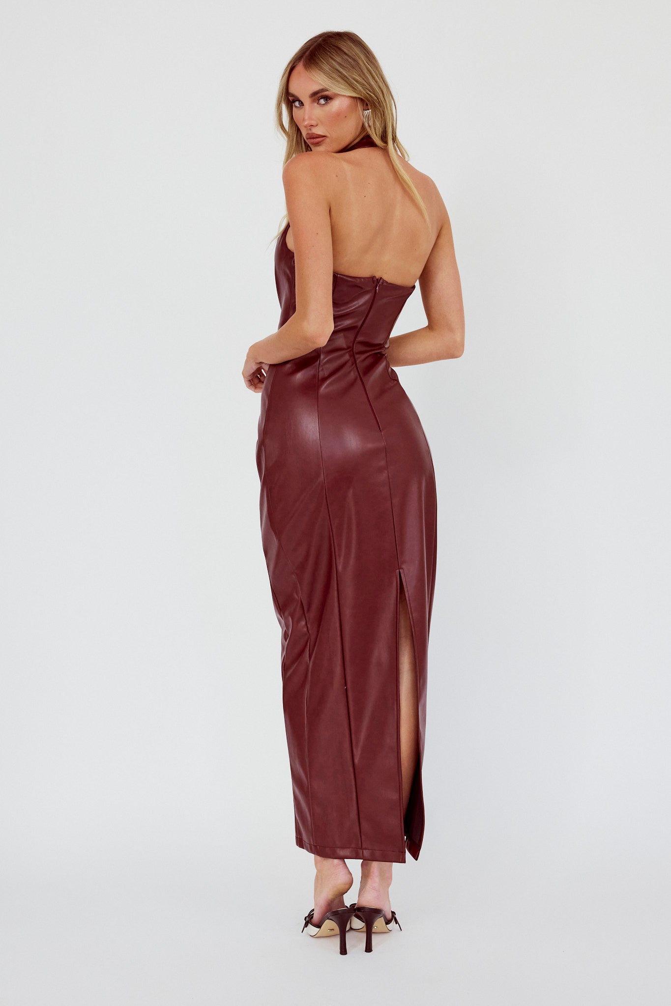Marella Halterneck Faux Leather Maxi Dress Wine