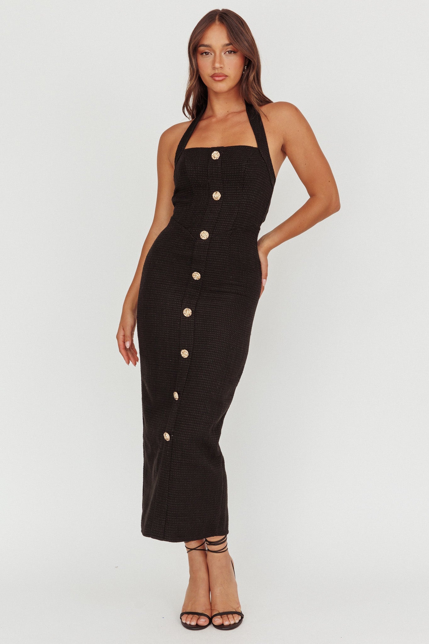 She Is Button Front Halter Midi Dress Tweed Black