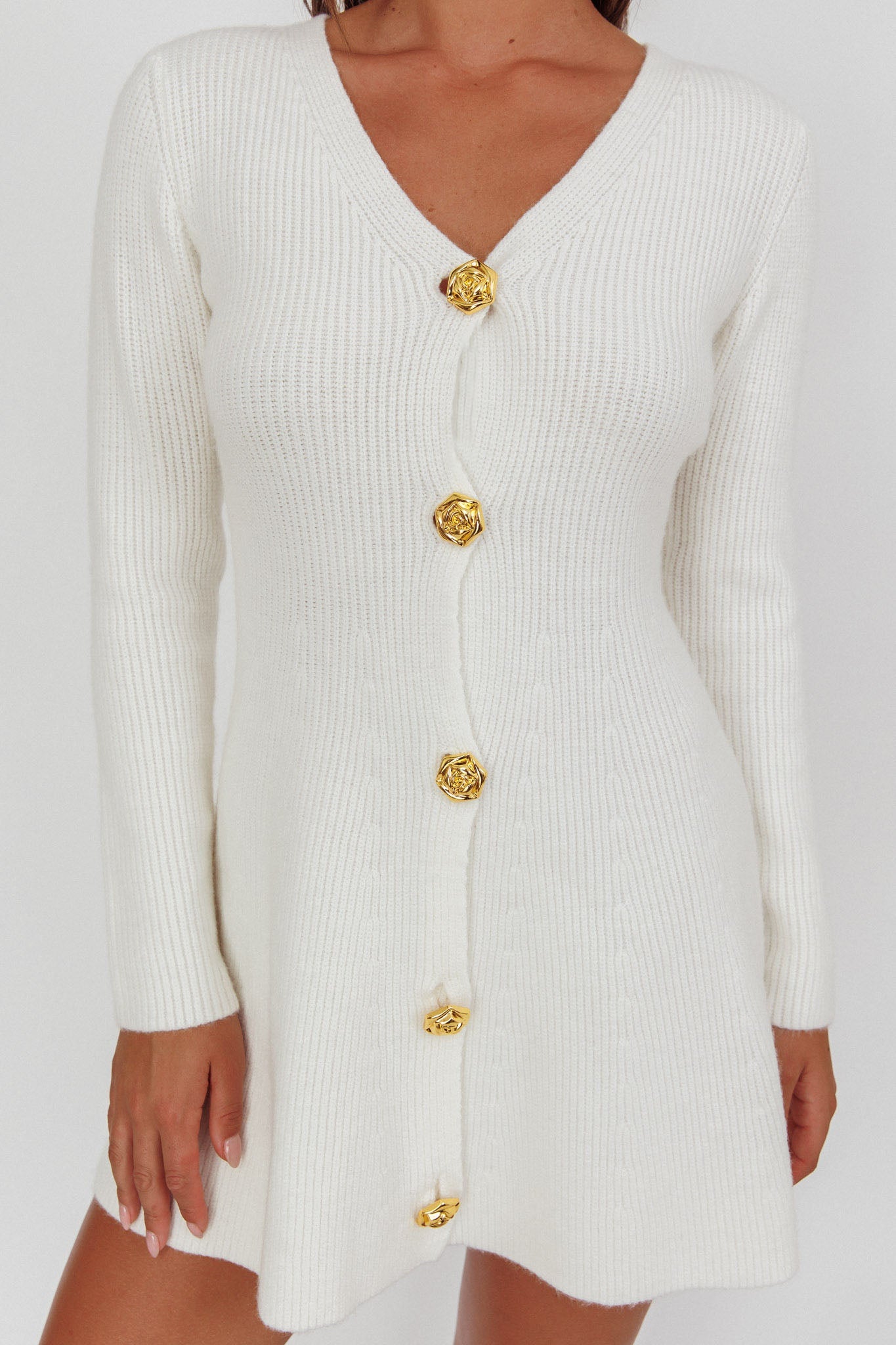 Irma Gold Button Knit Mini Dress White