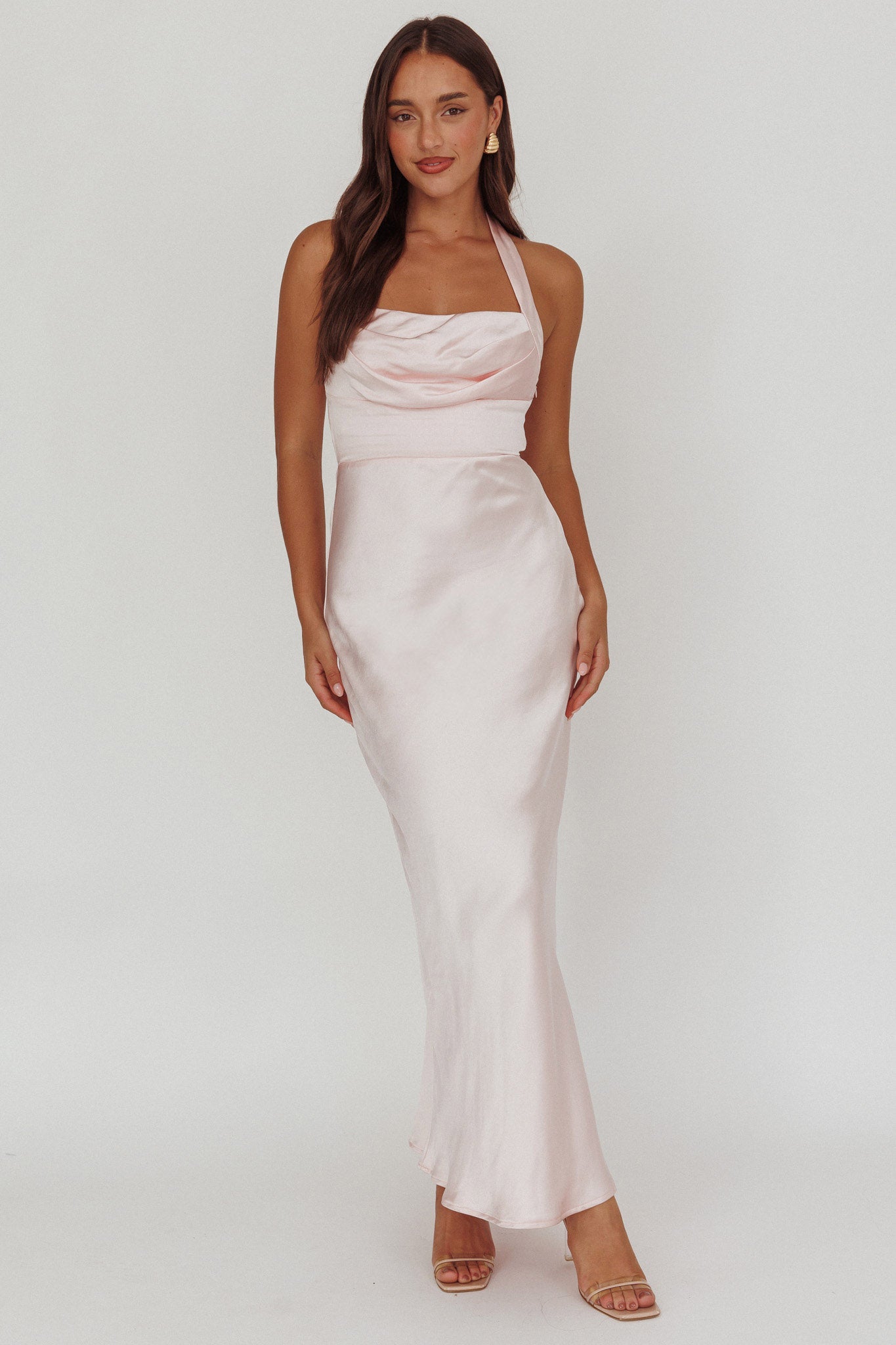 Fair Play Gathered Bust Halter Maxi Dress Pink