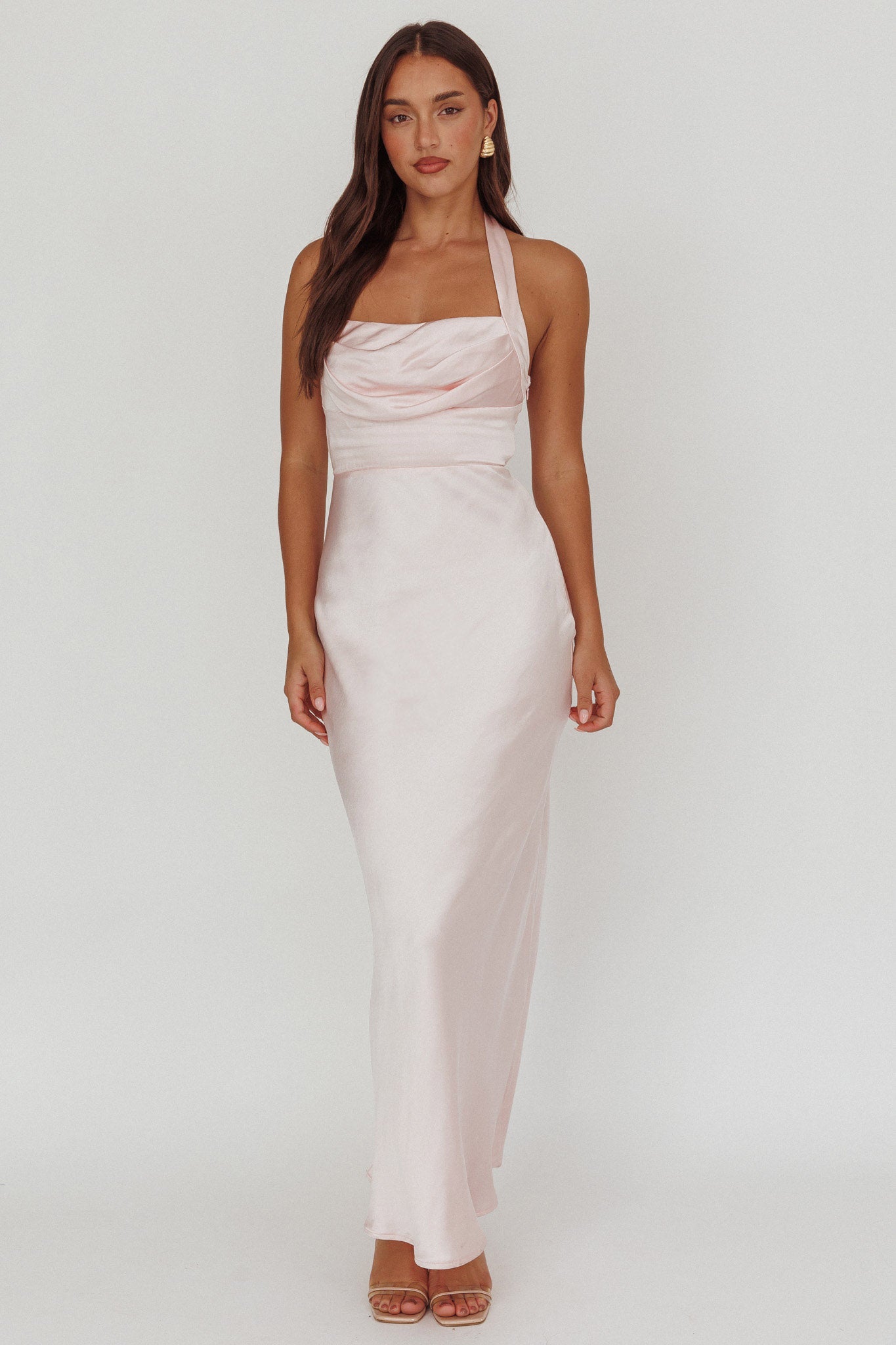 Fair Play Gathered Bust Halter Maxi Dress Pink