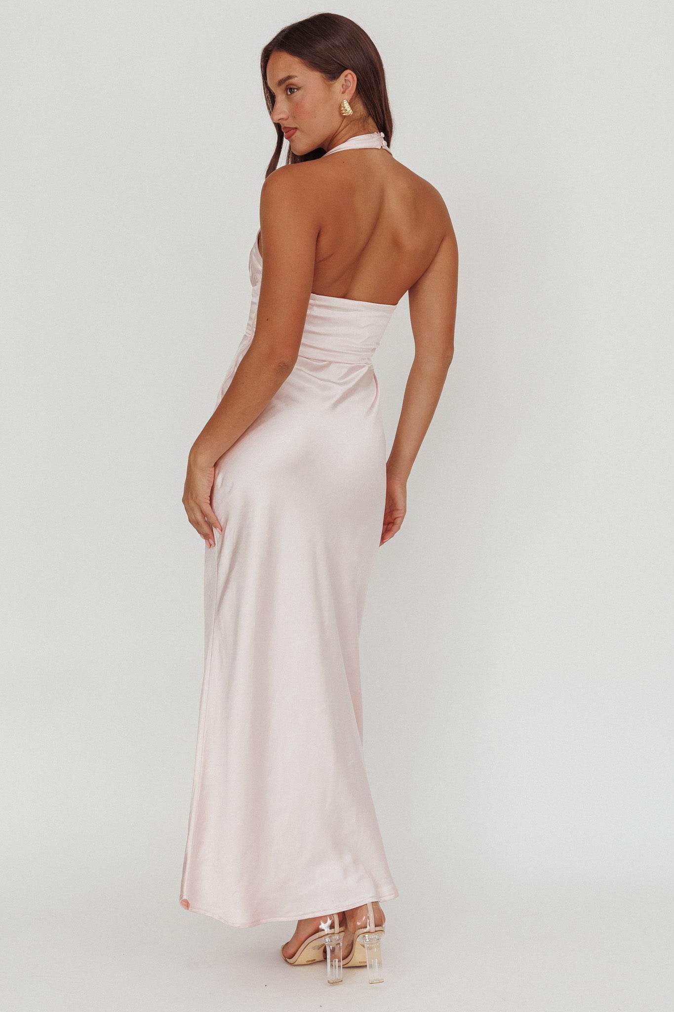 Fair Play Gathered Bust Halter Maxi Dress Pink