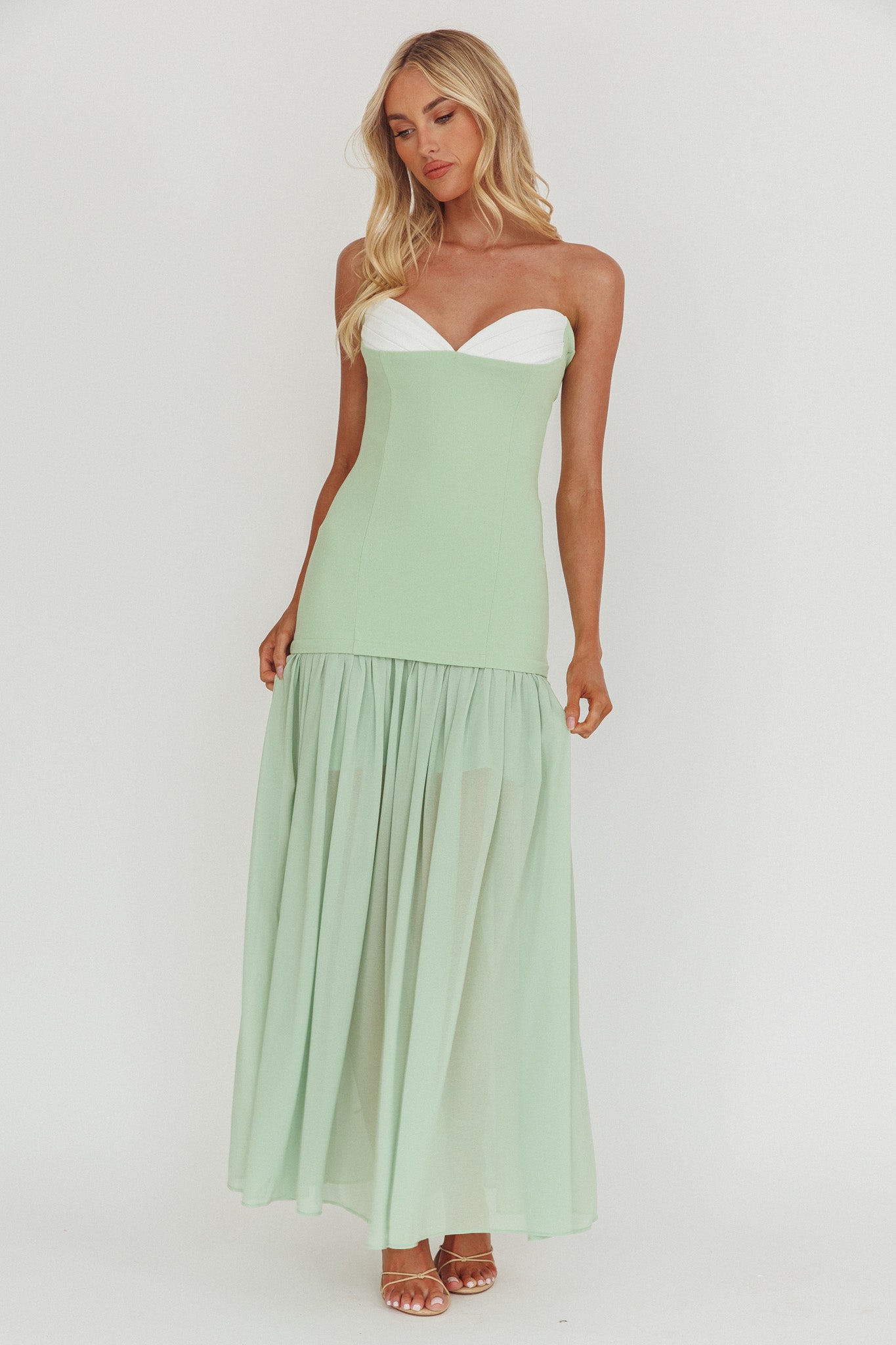 Unspoken Sweetheart Neckline Sheer Hem Maxi Dress Sage