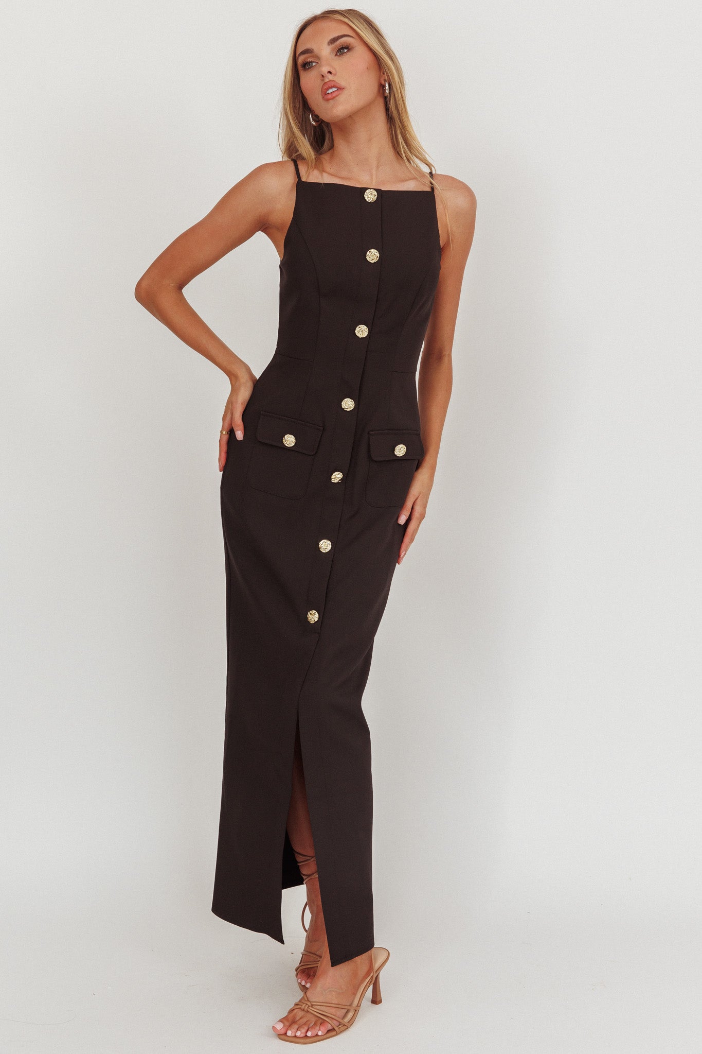 Harlin Button Decoration Maxi Dress Black