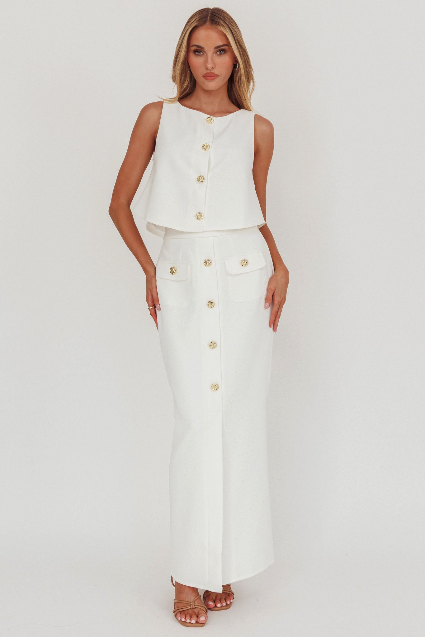 Bondi Sunset Faux Button Placket Maxi Skirt White