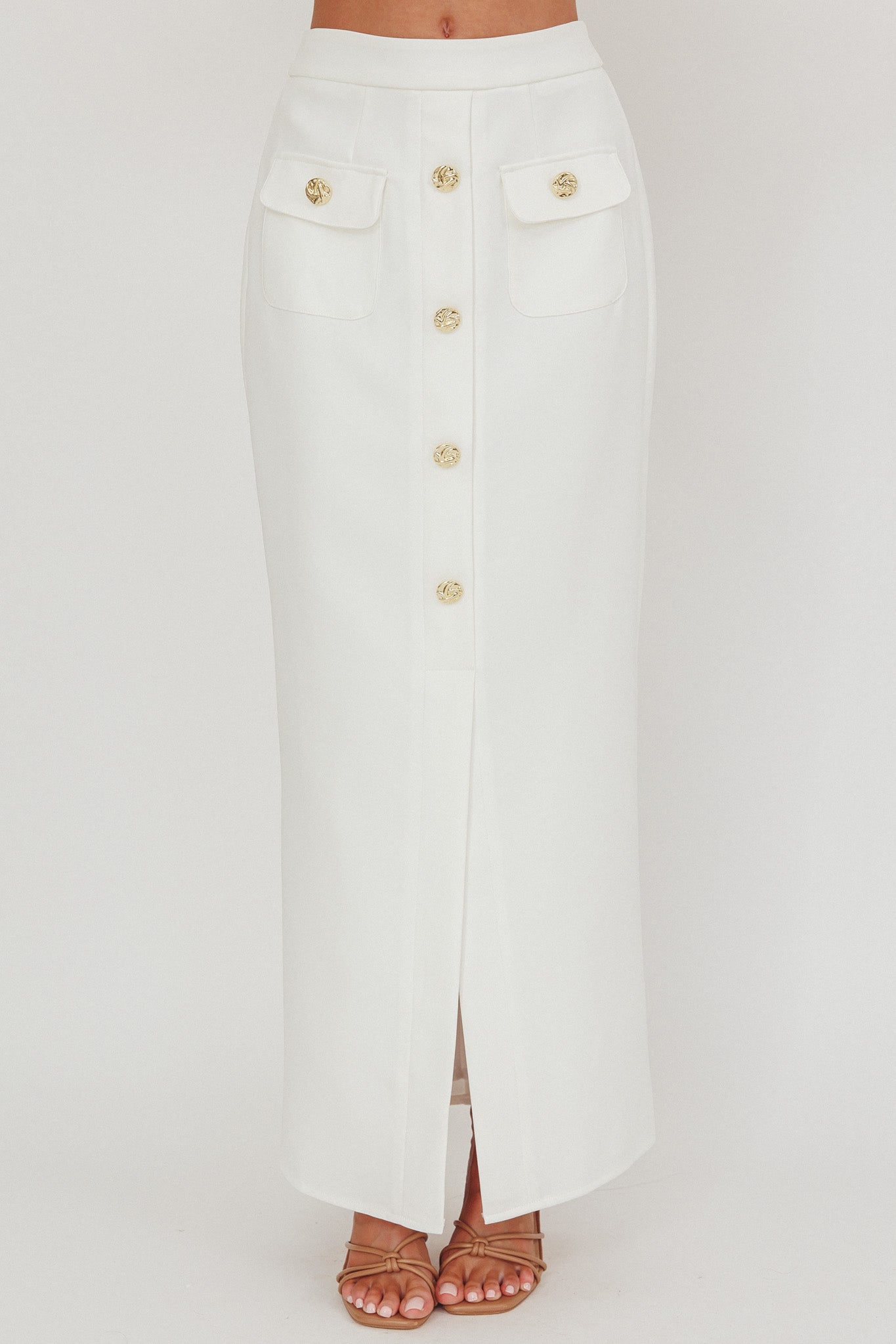 Bondi Sunset Faux Button Placket Maxi Skirt White