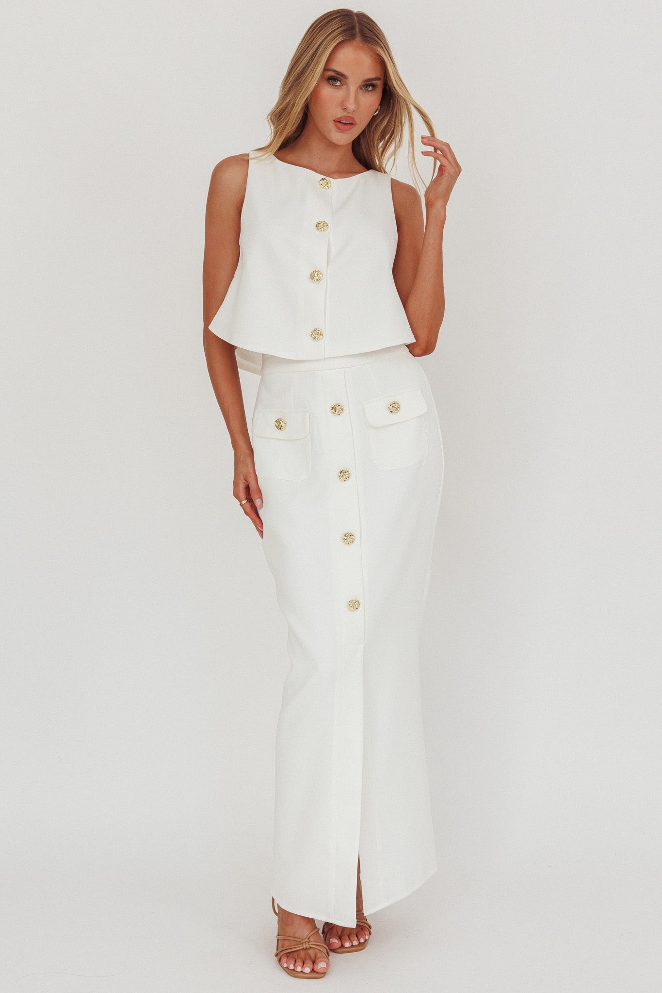 Bondi Sunset Faux Button Placket Maxi Skirt White