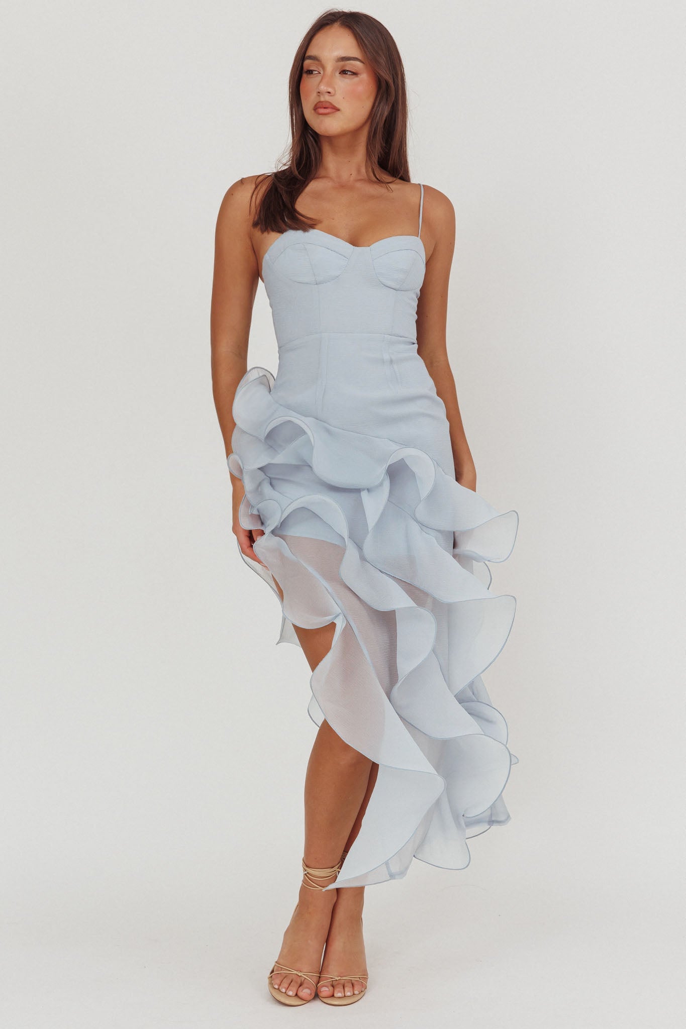 Charmayne Asymmetric Ruffle Trim Maxi Dress Blue