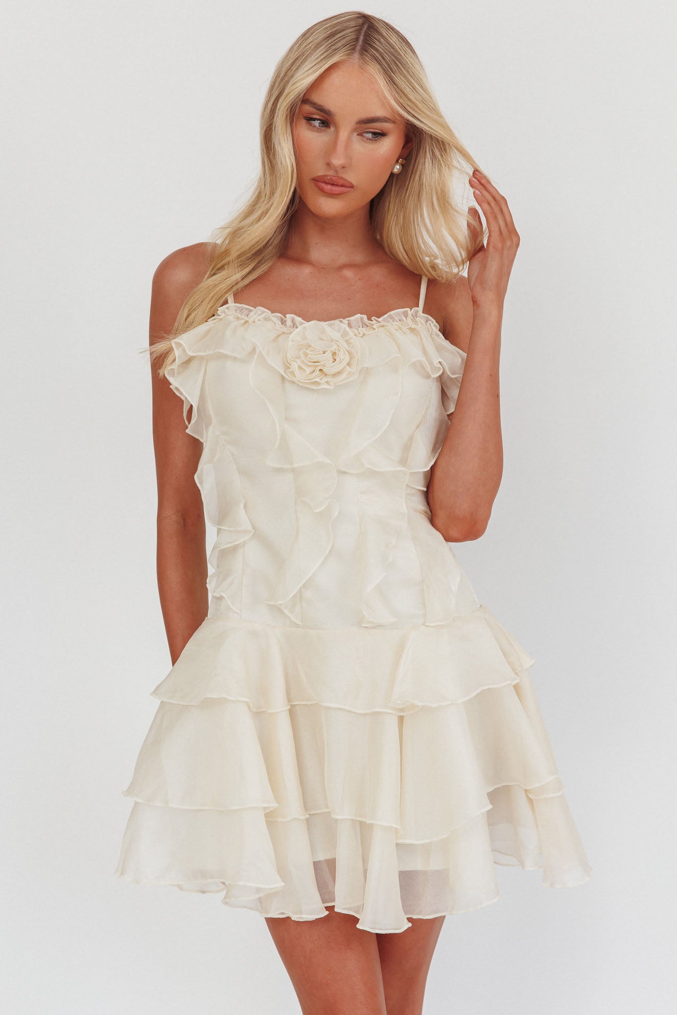 Sweetest Things Frill Trim Rosette Mini Dress Cream
