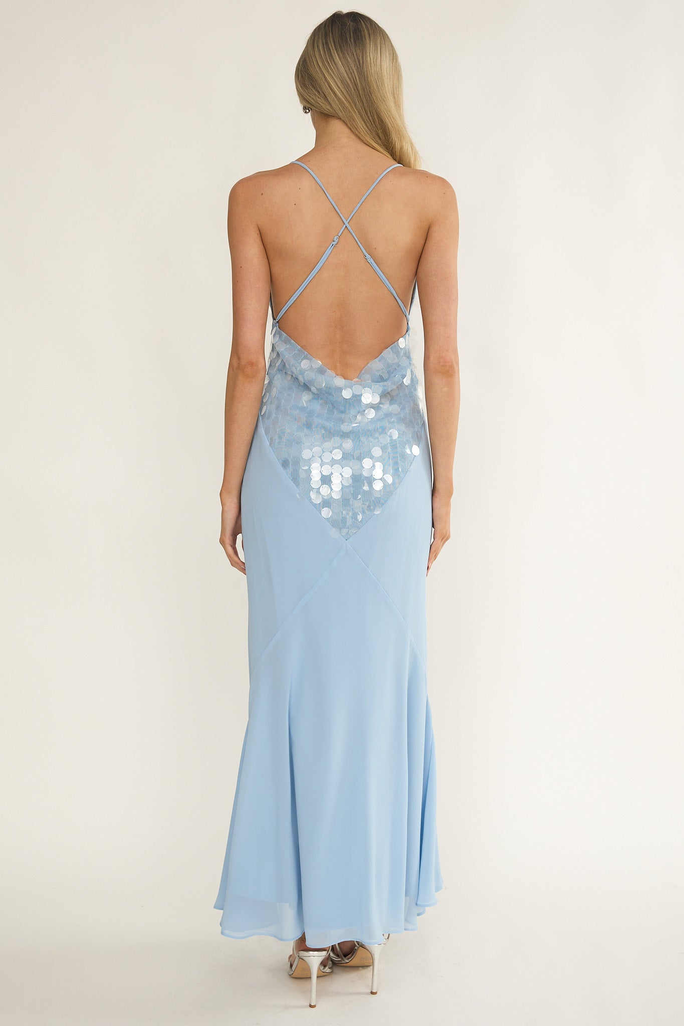 Meranda V-Neck Criss-Cross Maxi Dress Sequin Blue