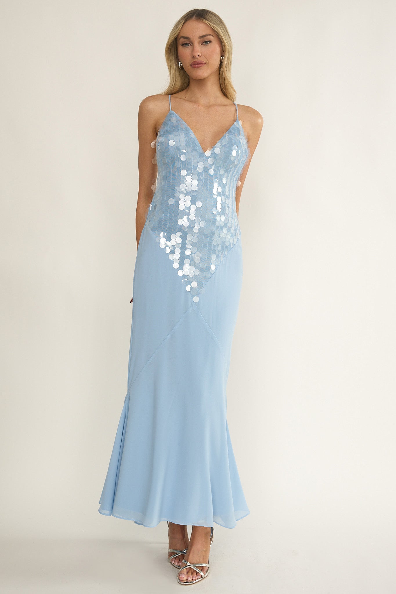 Meranda V-Neck Criss-Cross Maxi Dress Sequin Blue