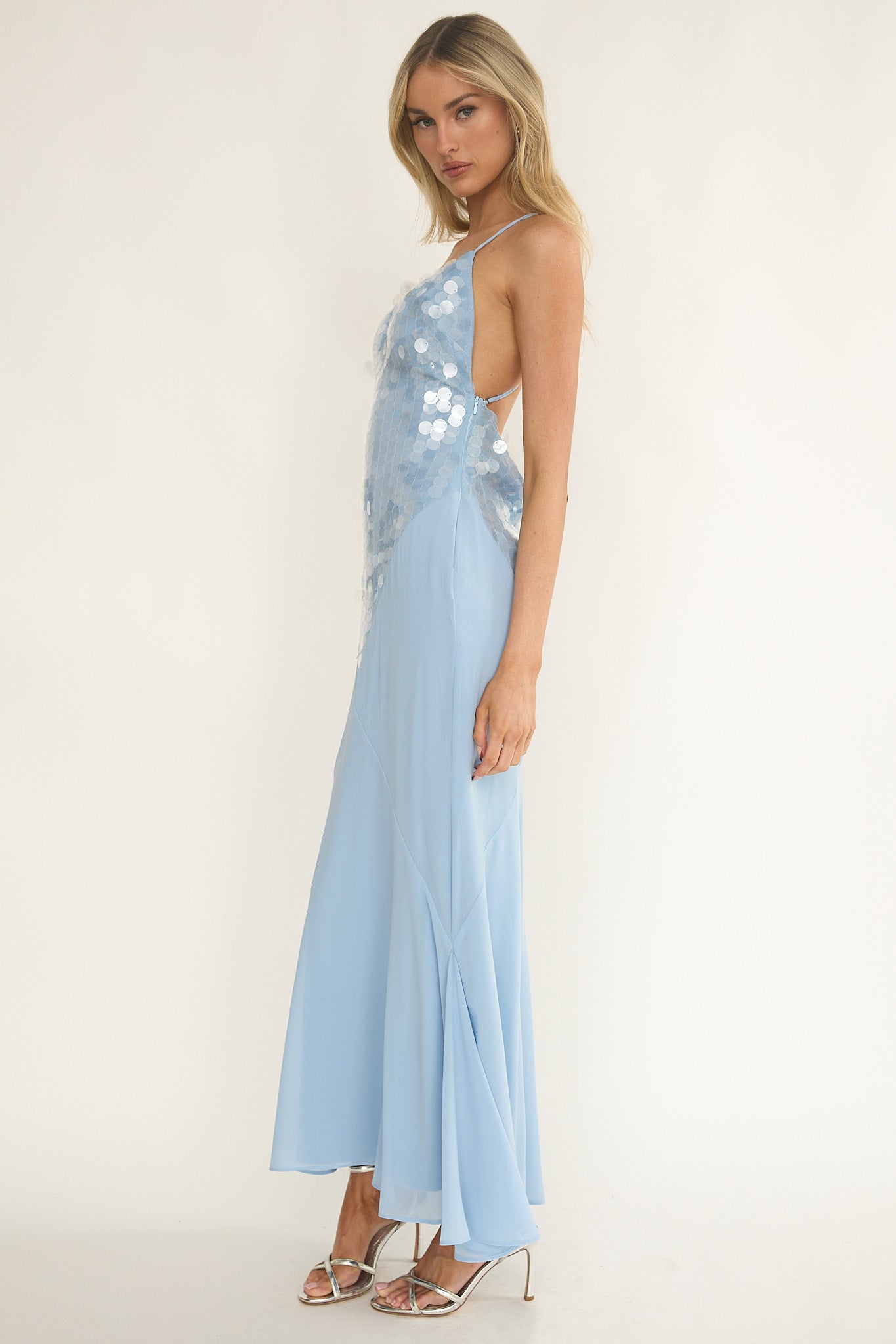 Meranda V-Neck Criss-Cross Maxi Dress Sequin Blue