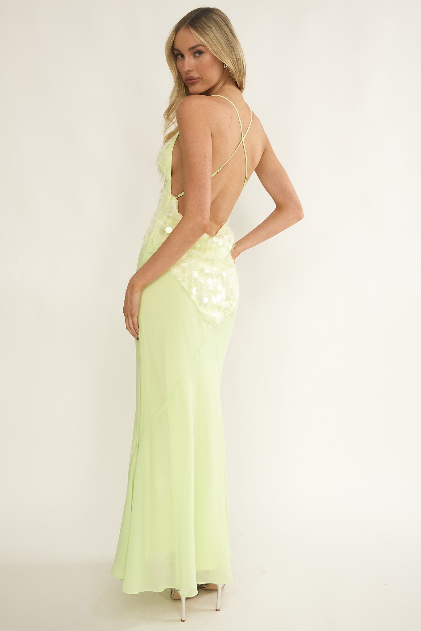 Meranda V-Neck Criss-Cross Maxi Dress Sequin Yellow