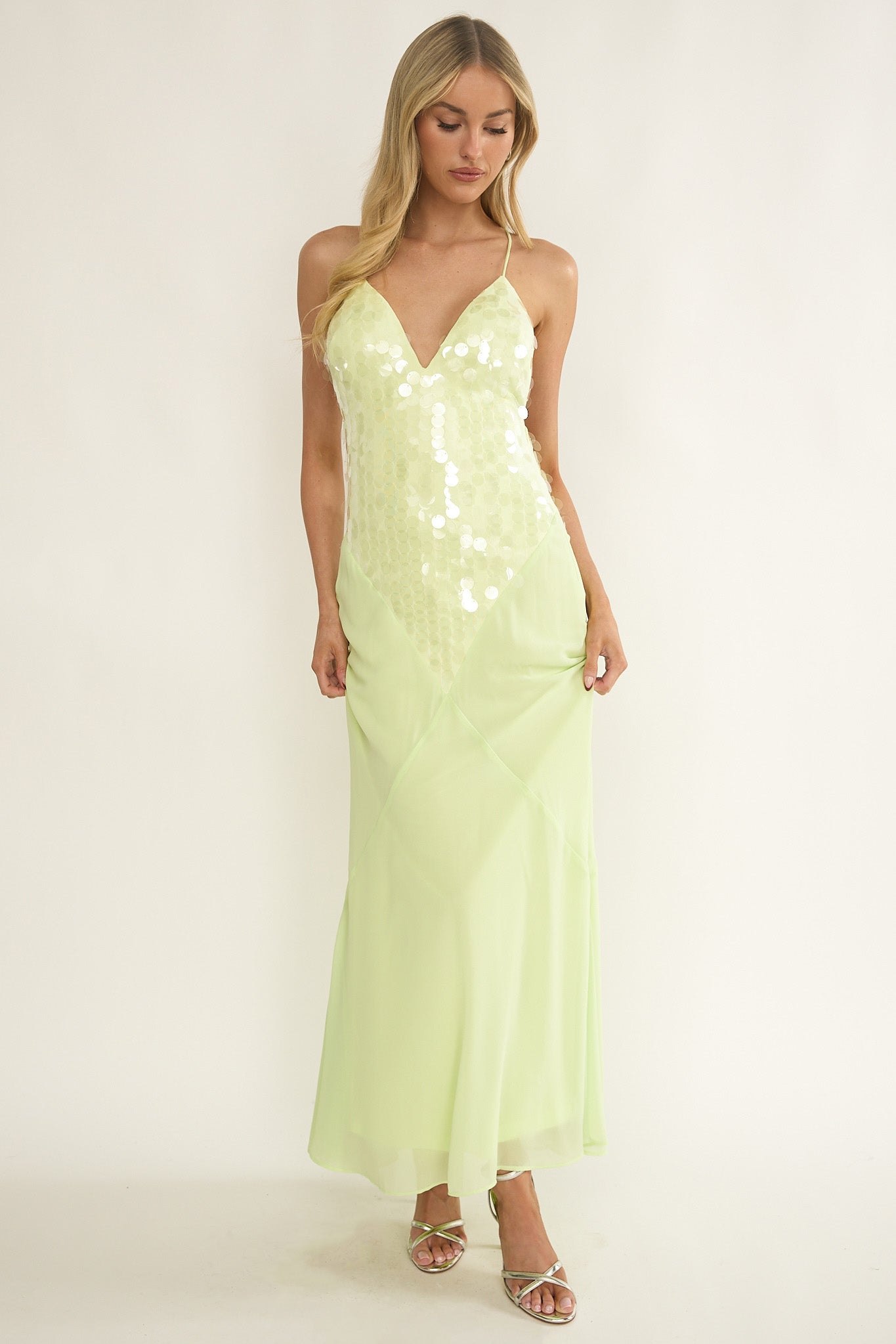 Meranda V-Neck Criss-Cross Maxi Dress Sequin Yellow