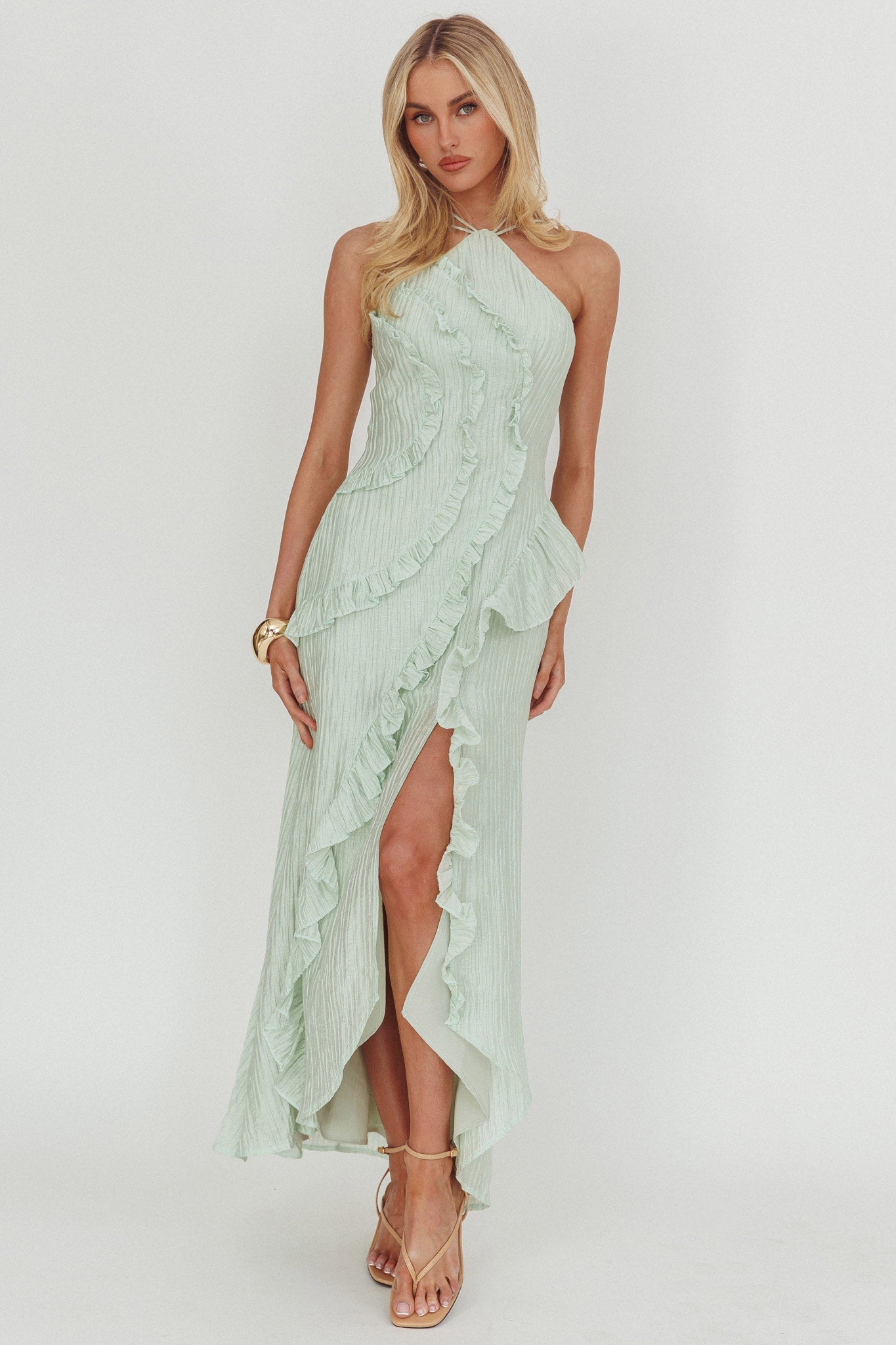 Nerisse Textured Frill Halter Maxi Dress Sage