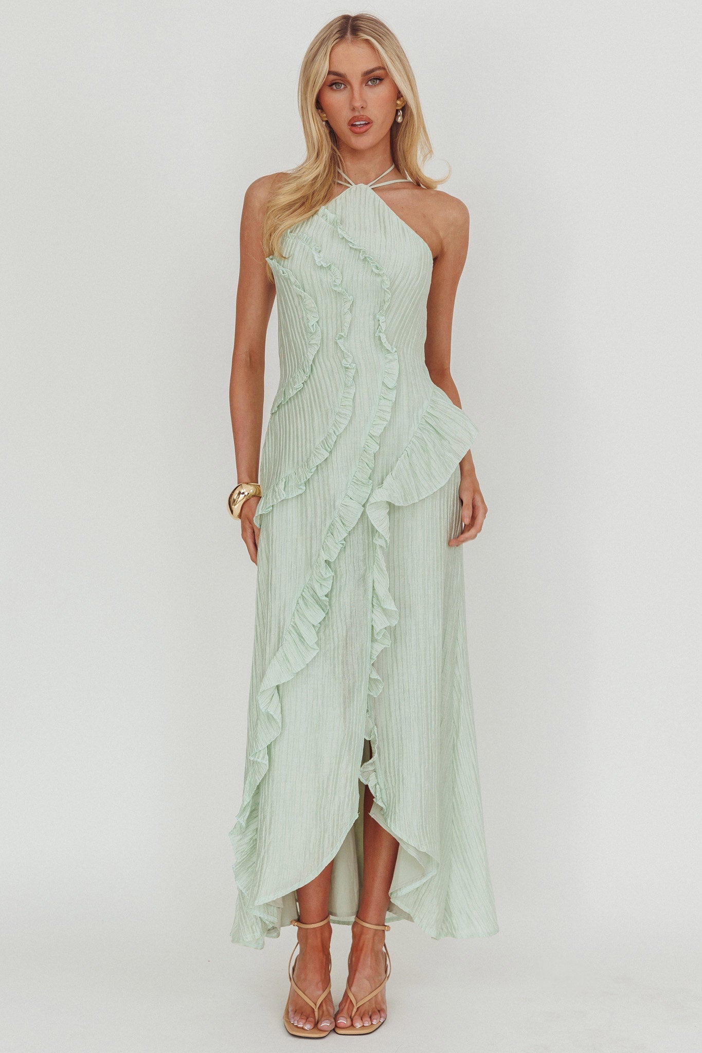 Nerisse Textured Frill Halter Maxi Dress Sage