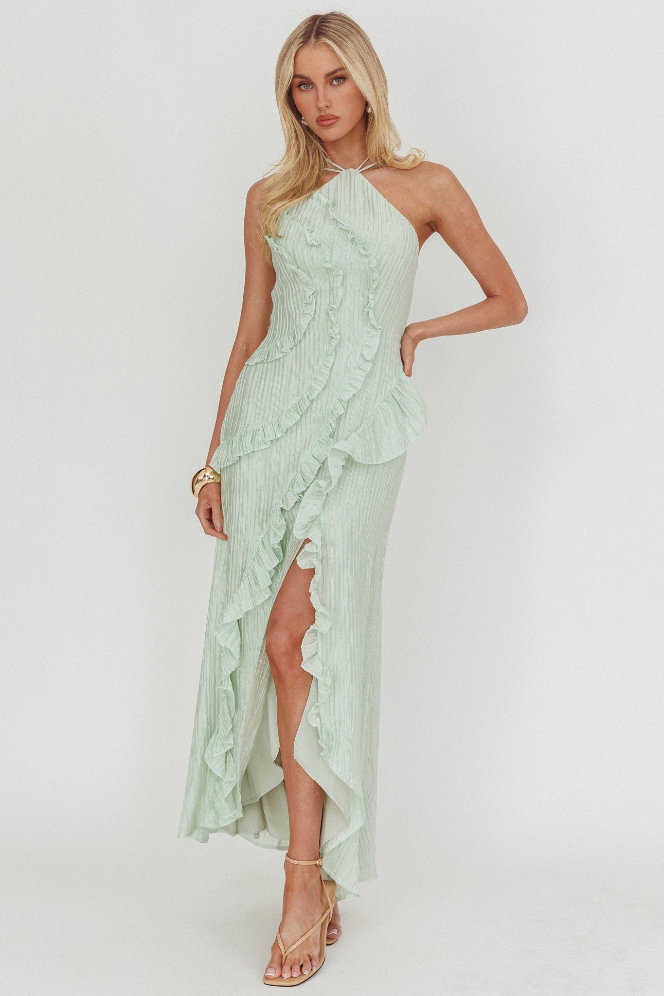 Nerisse Textured Frill Halter Maxi Dress Sage