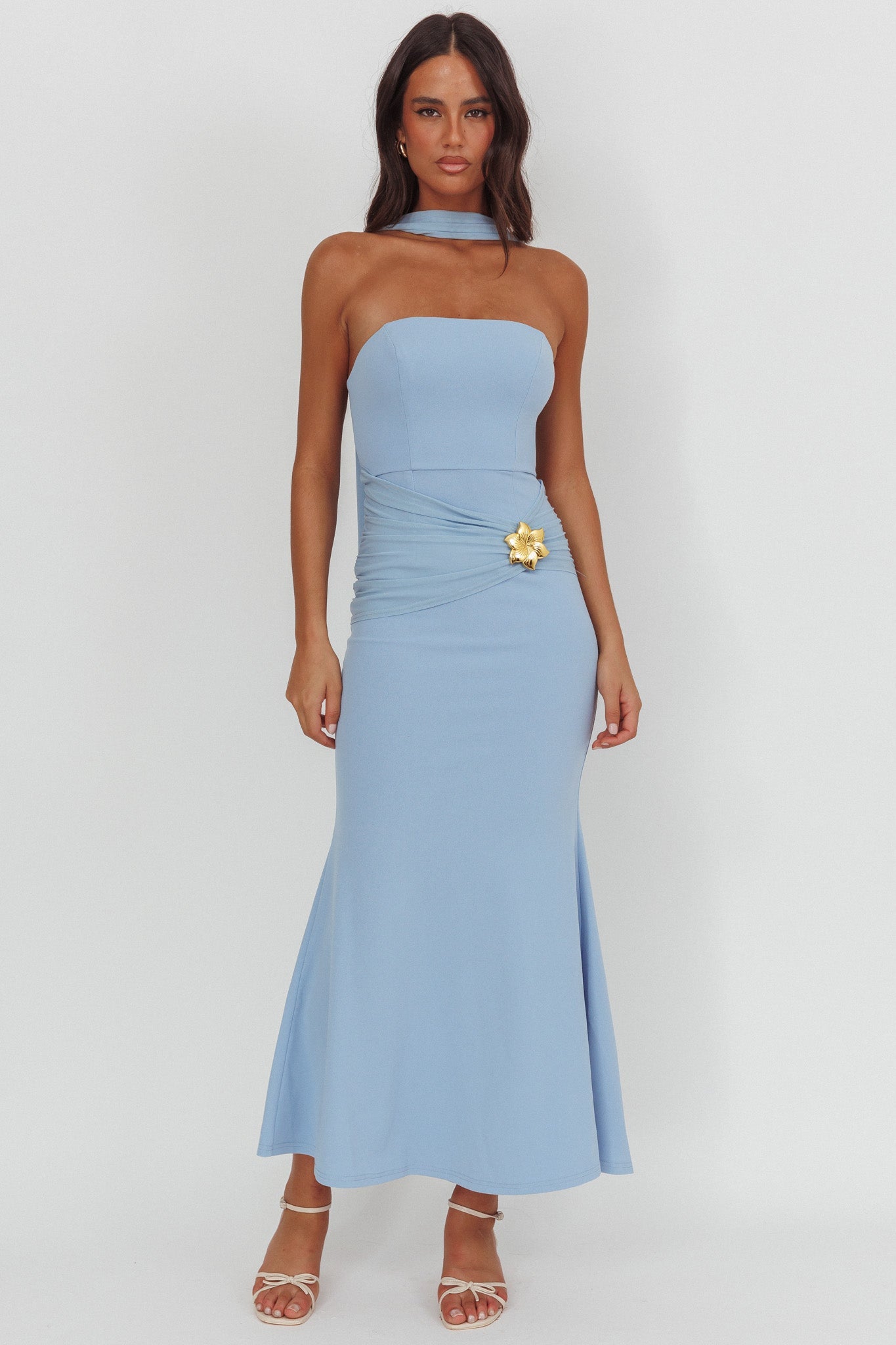 Jeramia Strapless Brooch Maxi Dress Blue