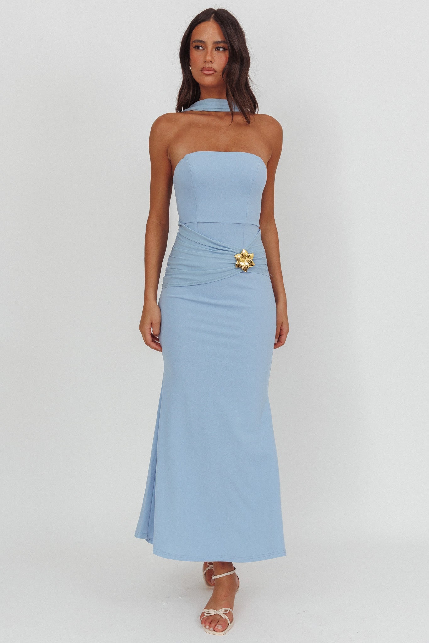 Jeramia Strapless Brooch Maxi Dress Blue