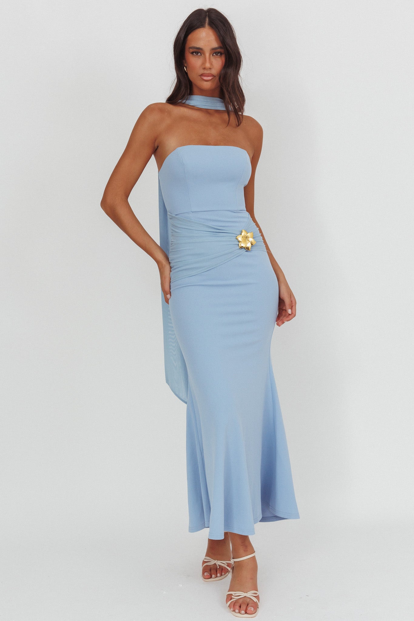 Jeramia Strapless Brooch Maxi Dress Blue