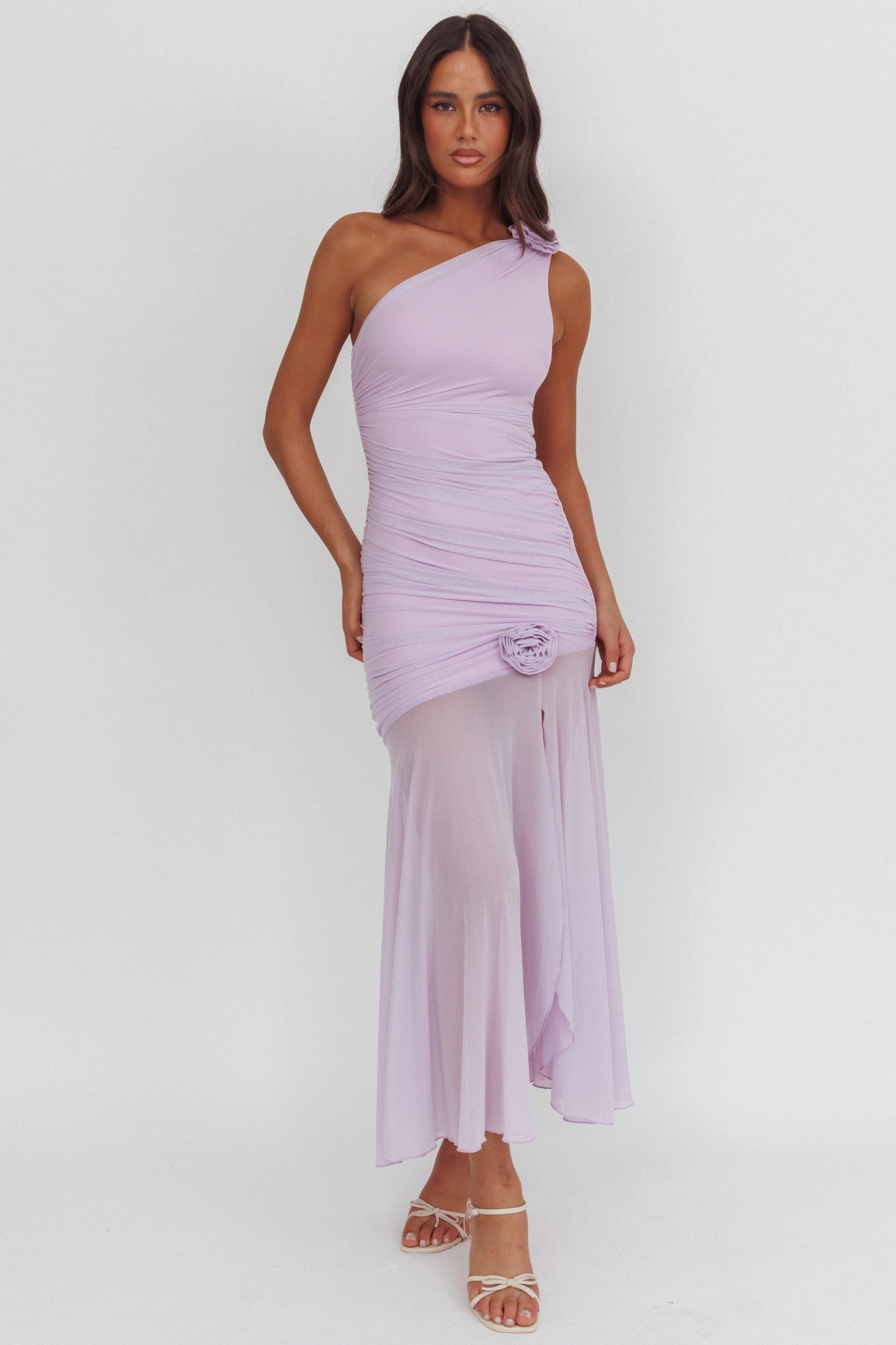 Lost Love One-Shoulder Sheer Hem Maxi Dress Lilac