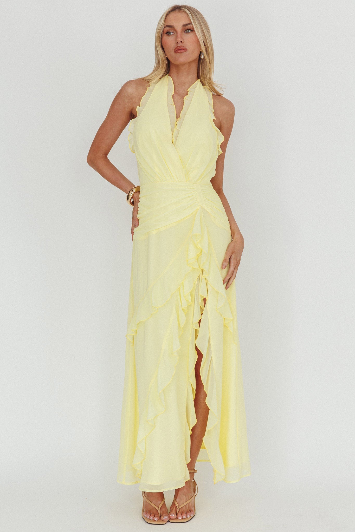 Enticing Halterneck Frill Maxi Dress Yellow