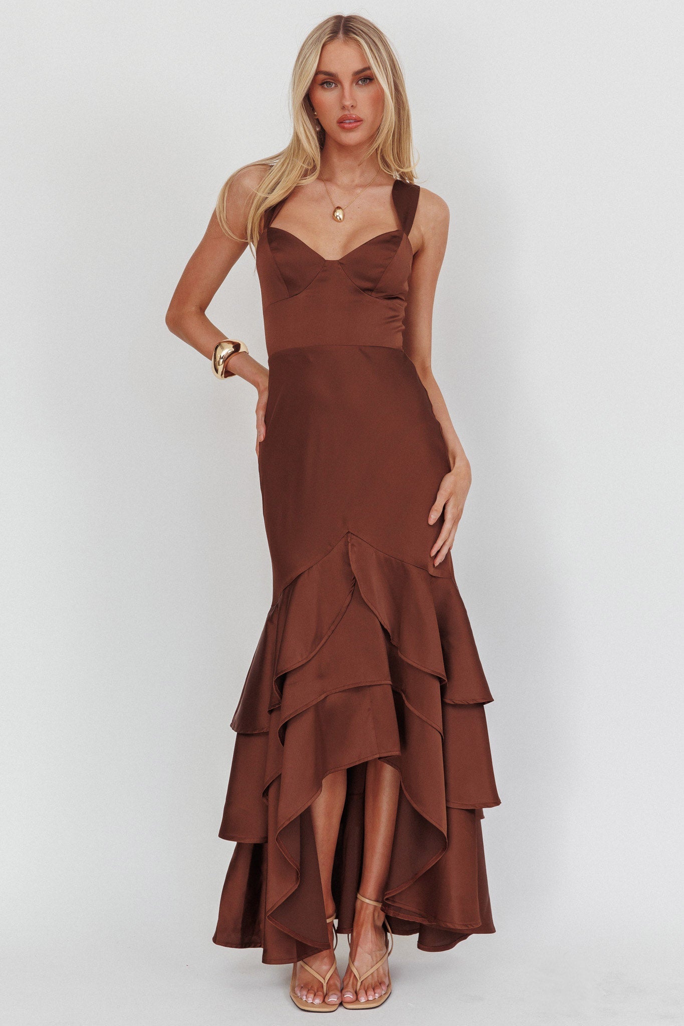 Baylin Layered Mermaid Hem Maxi Dress Coffee
