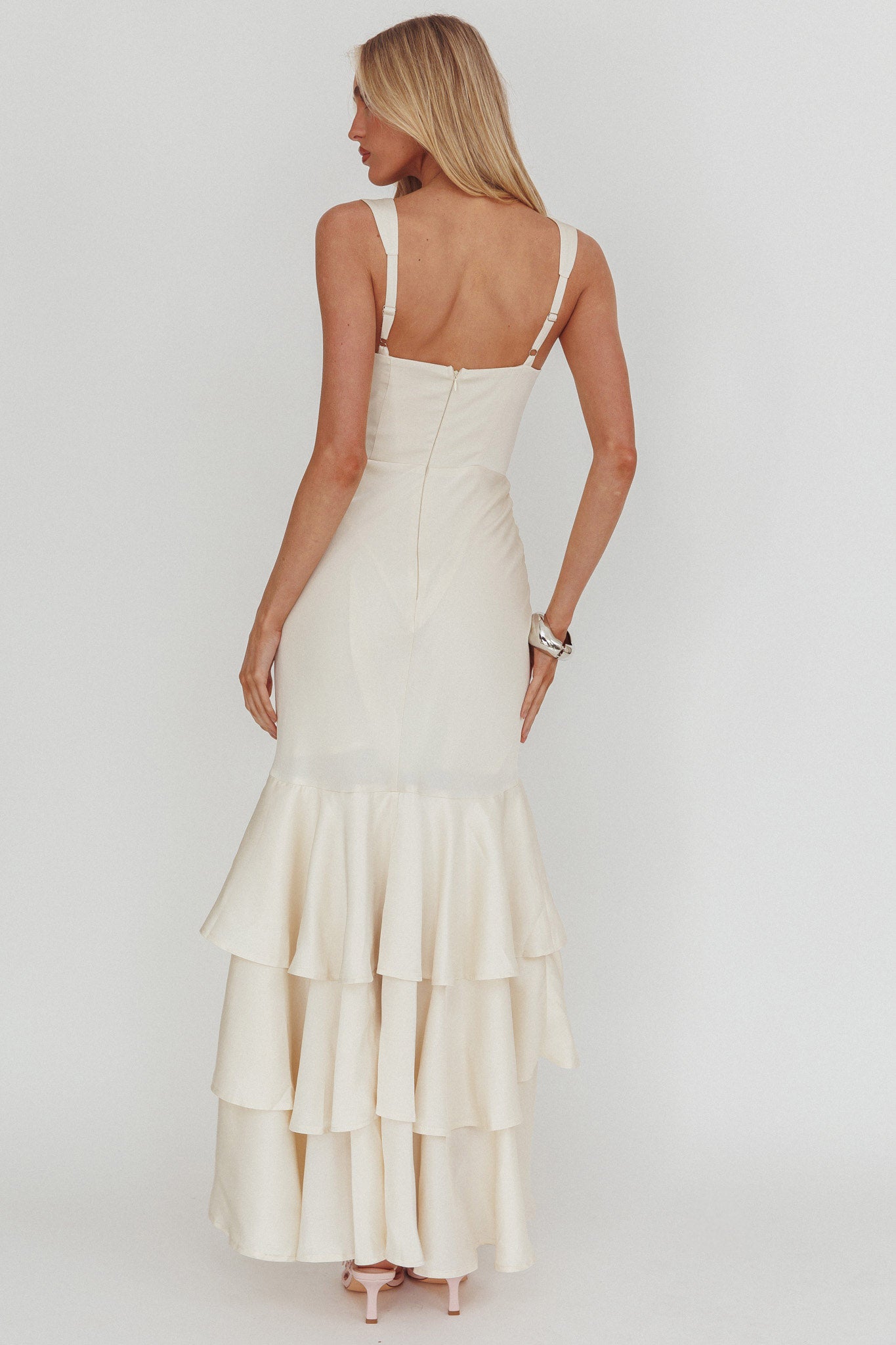 Baylin Layered Mermaid Hem Maxi Dress Cream
