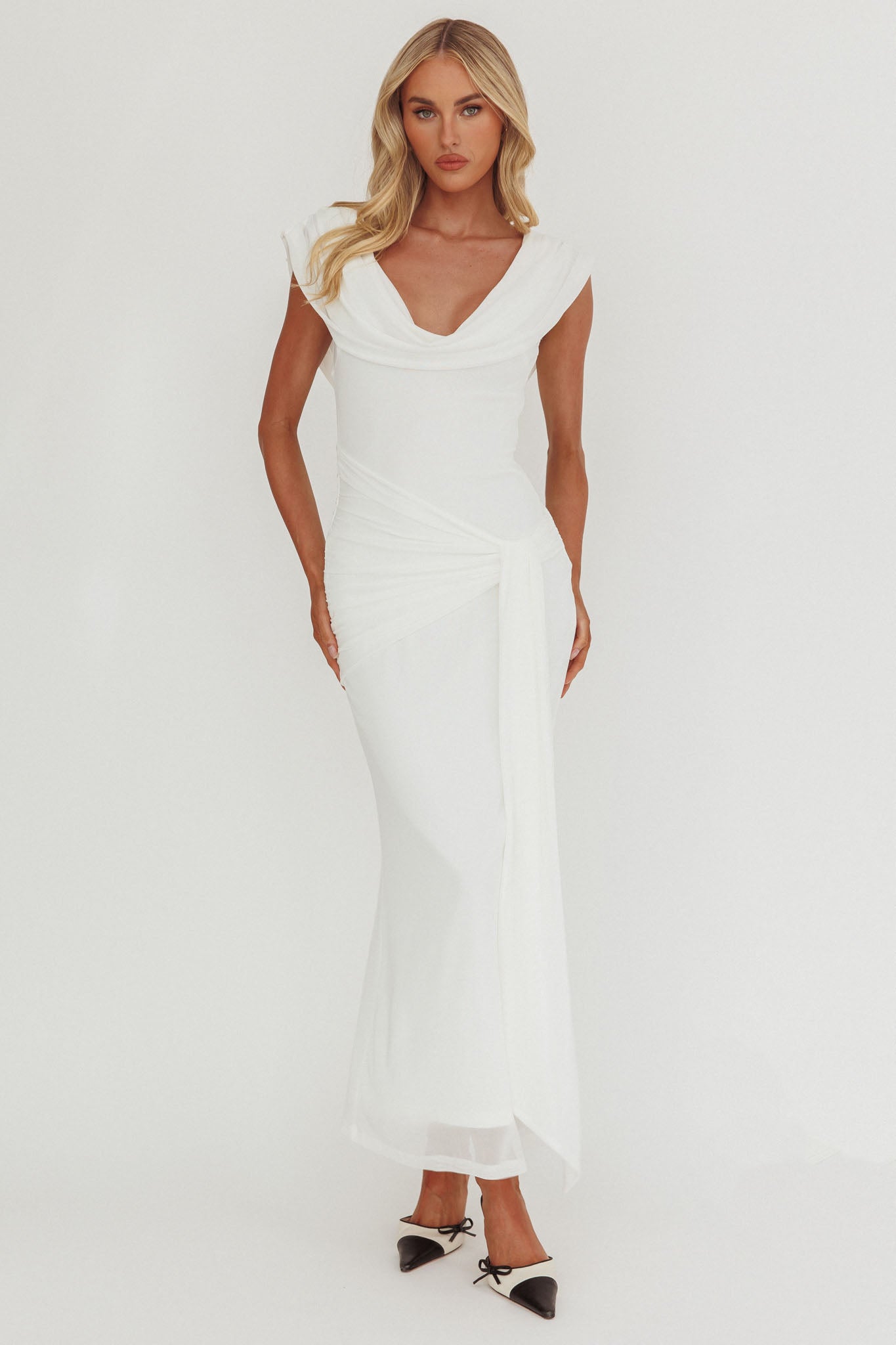 Virgo Season Draped Shoulder Maxi Dress White