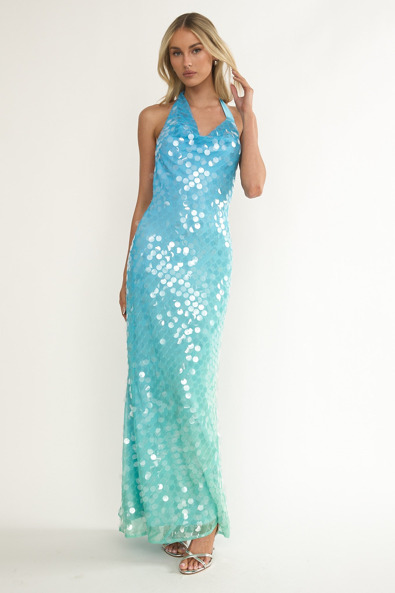 Kirralee Asymmetric Halterneck Sequin Maxi Dress Blue Multi