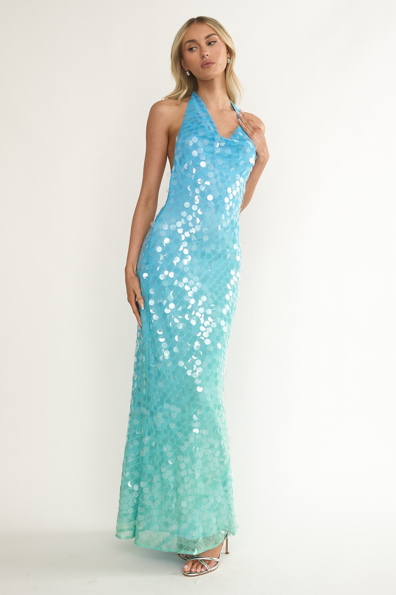 Kirralee Asymmetric Halterneck Sequin Maxi Dress Blue Multi